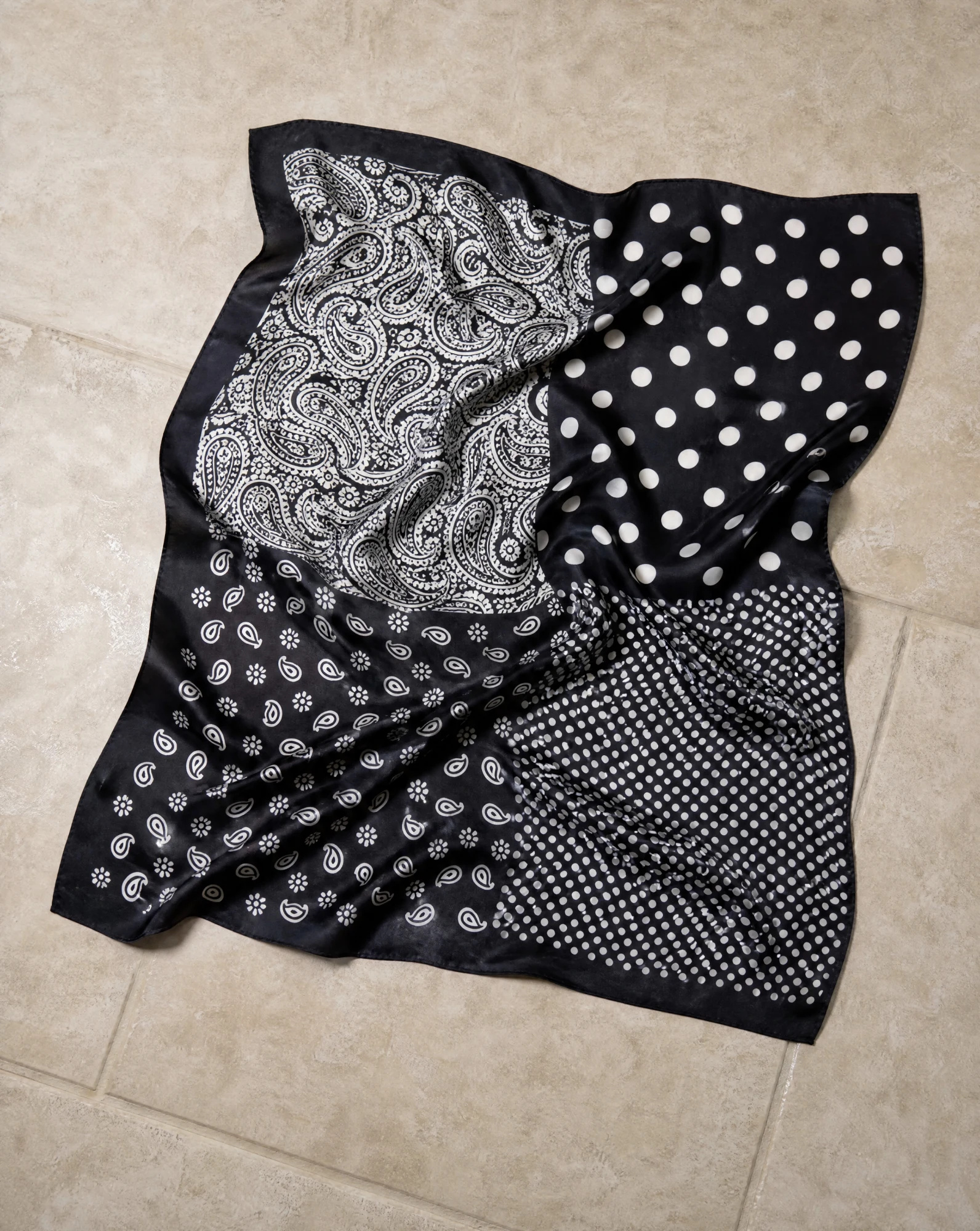 The Monochrome Bandana Patchwork Silk Scarf — Black & White Paisley Patchwork — accessories — VAUDRE numbered luxury — view 4