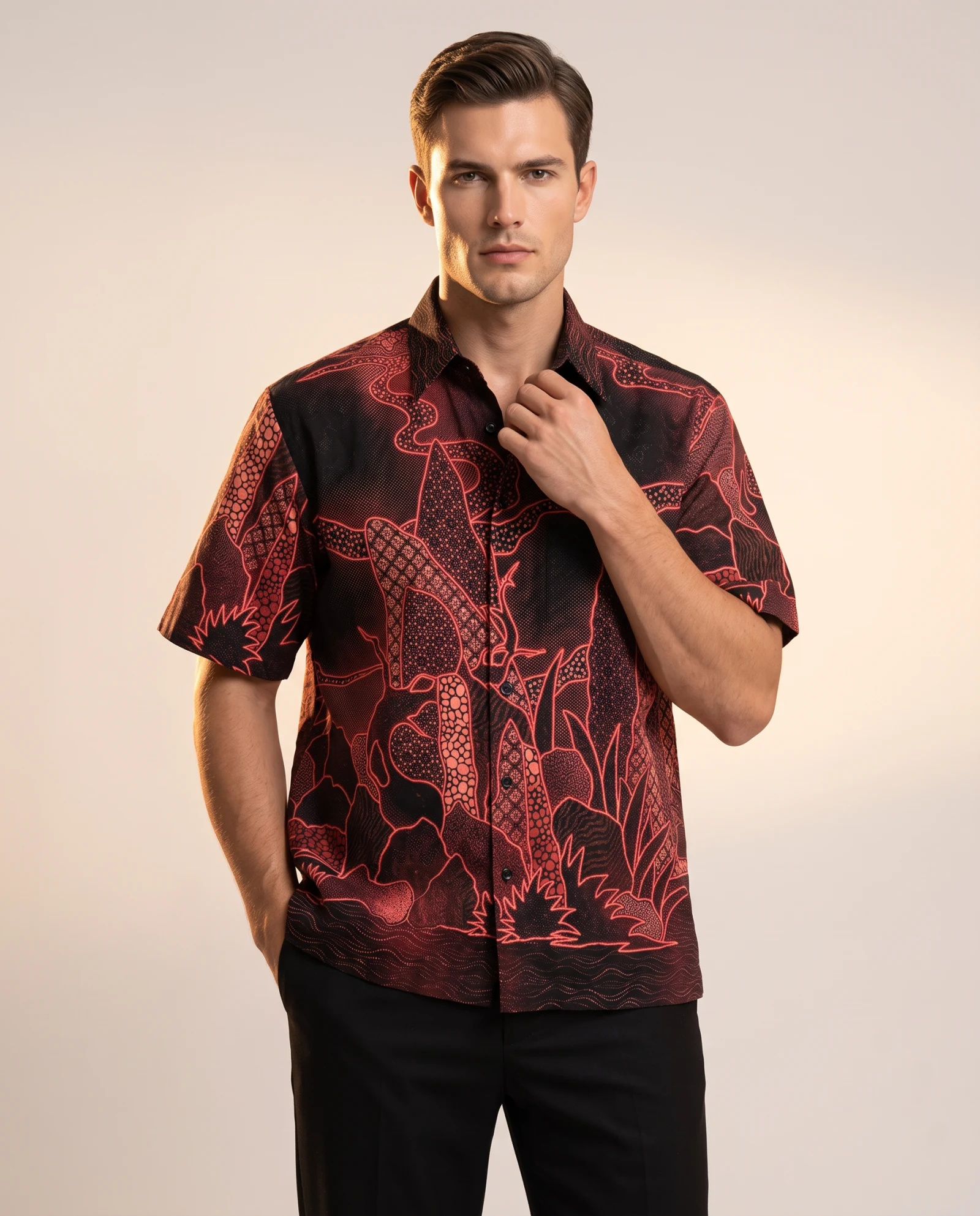 The Crimson Ember Batik Garden Short-Sleeve Shirt — Deep Black Crimson Red & Ember Ombre Ba — the printed t-shirts & shirts — VAUDRE numbered luxury — view 2