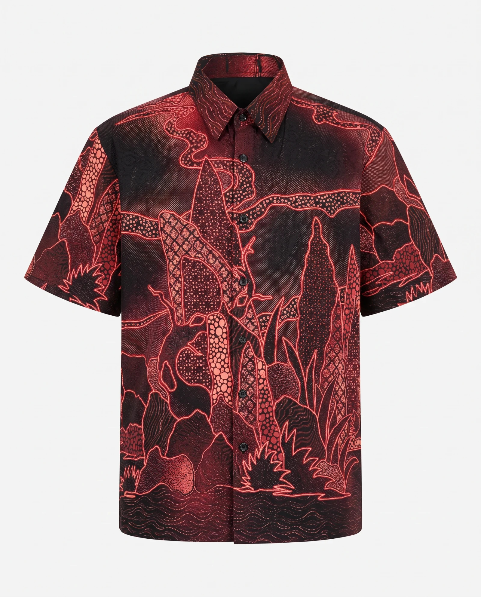 The Crimson Ember Batik Garden Short-Sleeve Shirt — Deep Black Crimson Red & Ember Ombre Ba — the printed t-shirts & shirts — VAUDRE numbered luxury
