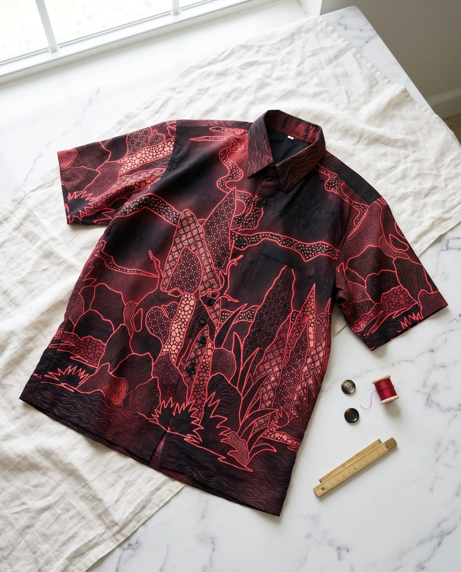 The Crimson Ember Batik Garden Short-Sleeve Shirt — Deep Black Crimson Red & Ember Ombre Ba — the printed t-shirts & shirts — VAUDRE numbered luxury — view 5