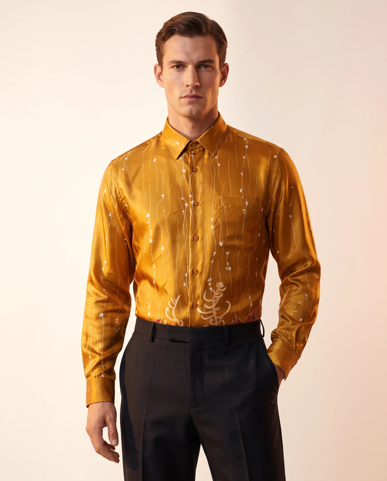 The Golden Fern Silk Batik Long-Sleeve Shirt — Molten Gold Amber & Ivory Fern Batik — the printed t-shirts & shirts — VAUDRE numbered luxury — view 2