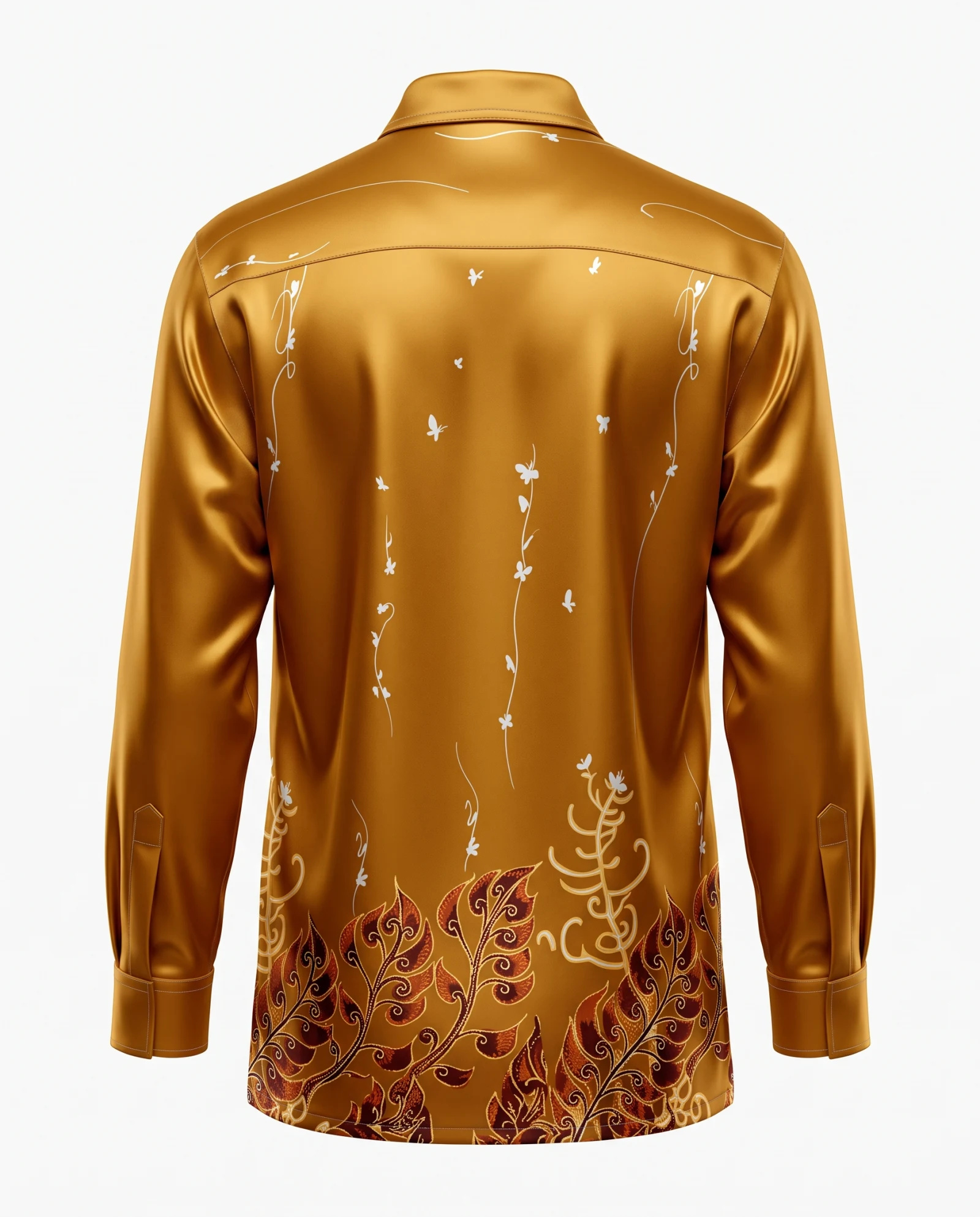 The Golden Fern Silk Batik Long-Sleeve Shirt — Molten Gold Amber & Ivory Fern Batik — the printed t-shirts & shirts — VAUDRE numbered luxury — view 3