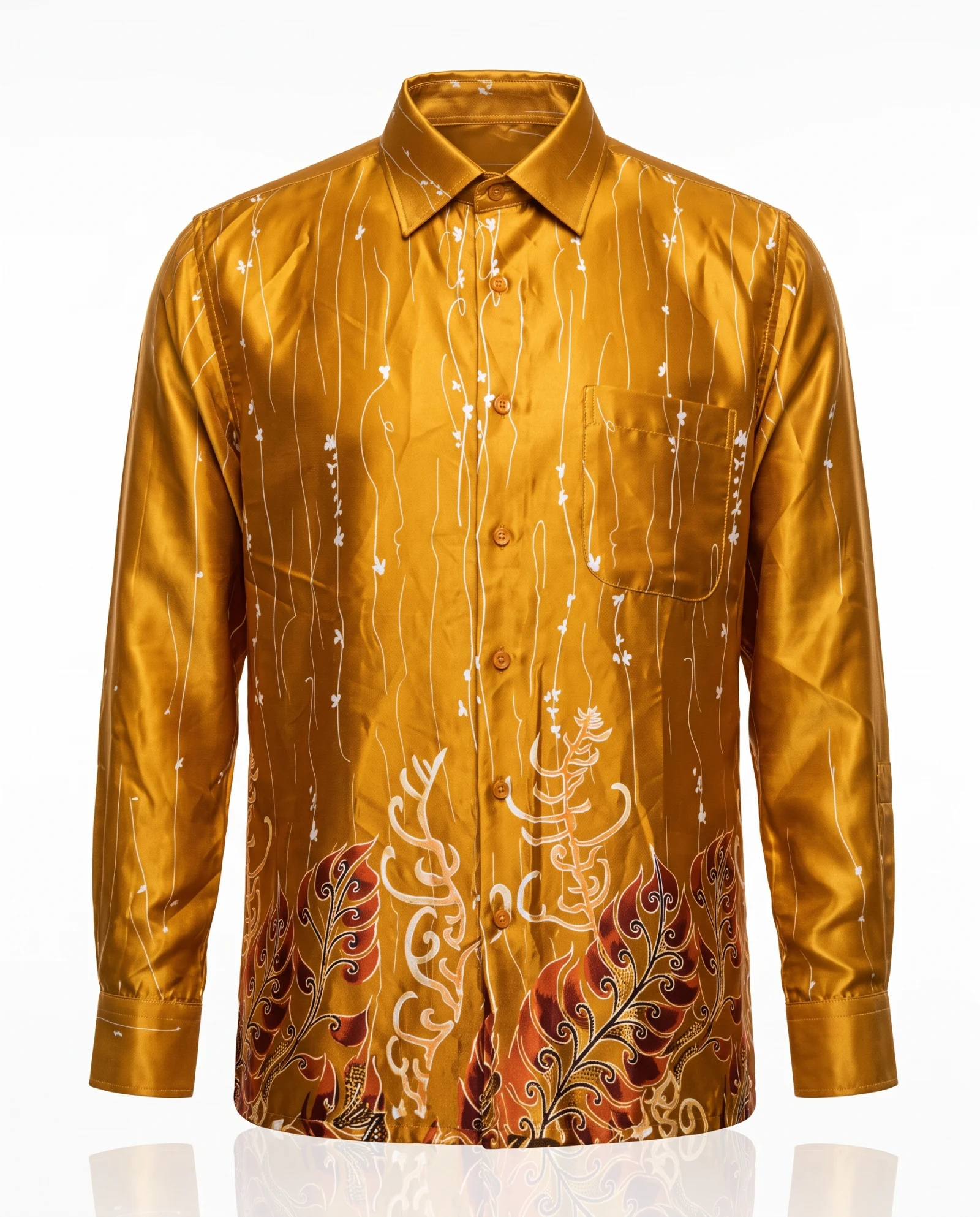 The Golden Fern Silk Batik Long-Sleeve Shirt — Molten Gold Amber & Ivory Fern Batik — the printed t-shirts & shirts — VAUDRE numbered luxury