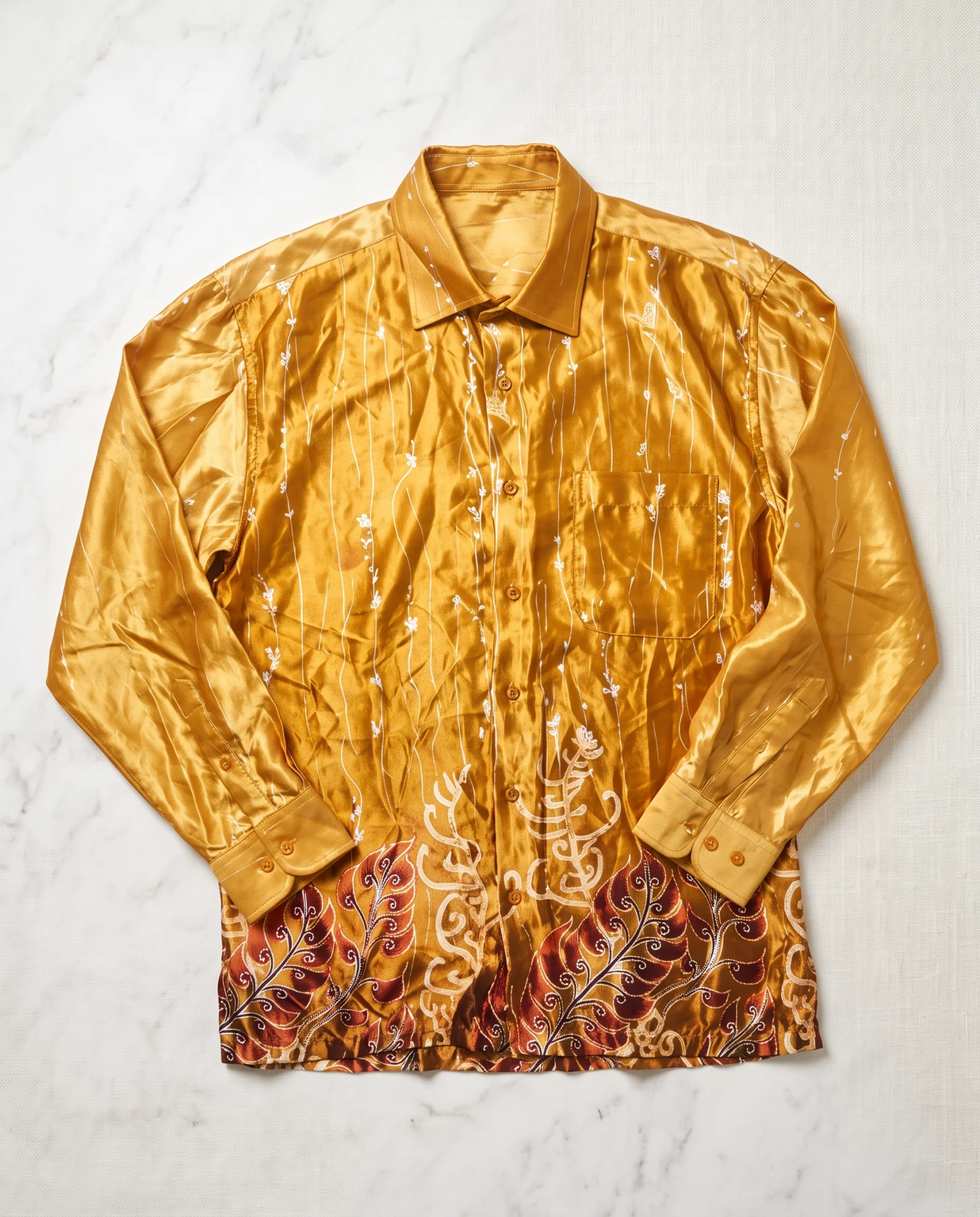 The Golden Fern Silk Batik Long-Sleeve Shirt — Molten Gold Amber & Ivory Fern Batik — the printed t-shirts & shirts — VAUDRE numbered luxury — view 4