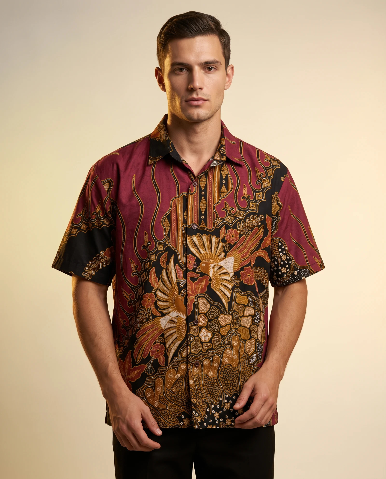 The Maroon Phoenix Batik Short-Sleeve Shirt — Deep Maroon Black & Antique Gold Batik — the printed t-shirts & shirts — VAUDRE numbered luxury — view 2