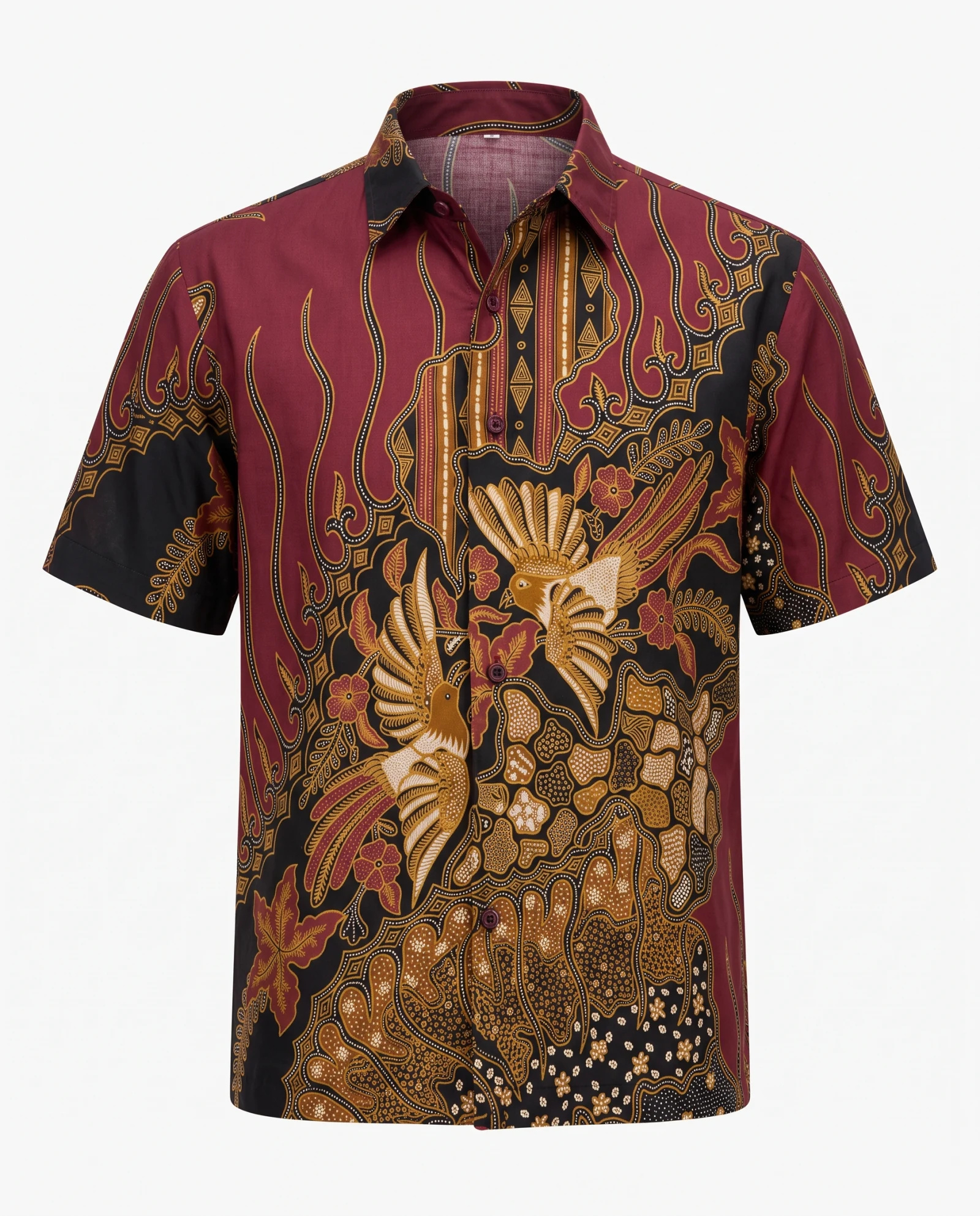 The Maroon Phoenix Batik Short-Sleeve Shirt — Deep Maroon Black & Antique Gold Batik — the printed t-shirts & shirts — VAUDRE numbered luxury