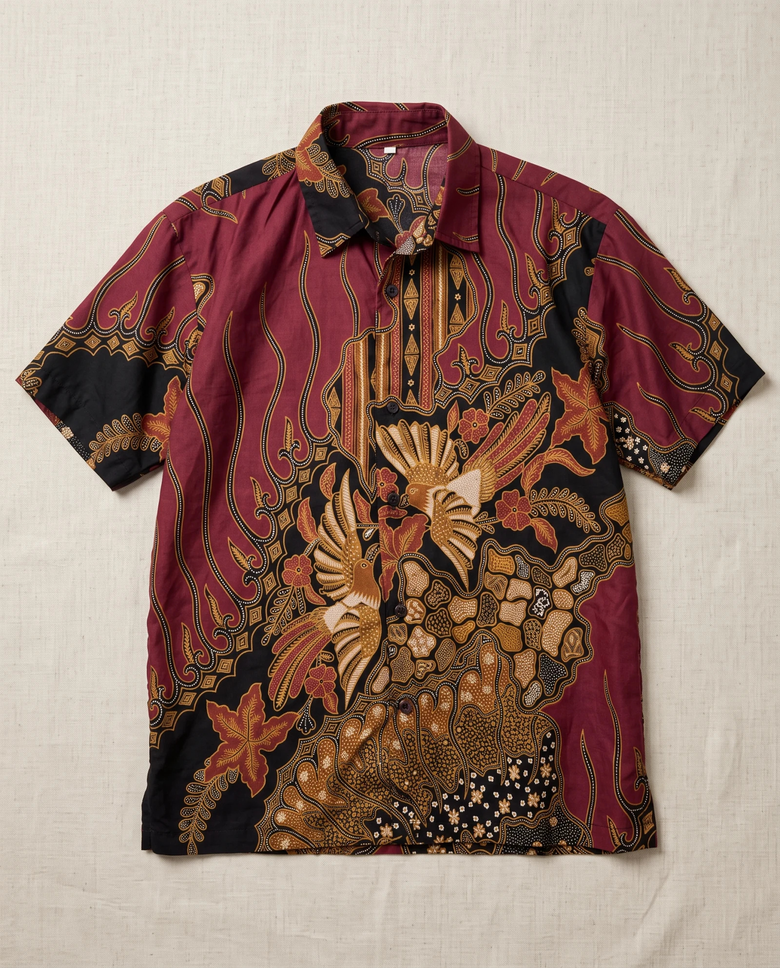 The Maroon Phoenix Batik Short-Sleeve Shirt — Deep Maroon Black & Antique Gold Batik — the printed t-shirts & shirts — VAUDRE numbered luxury — view 4