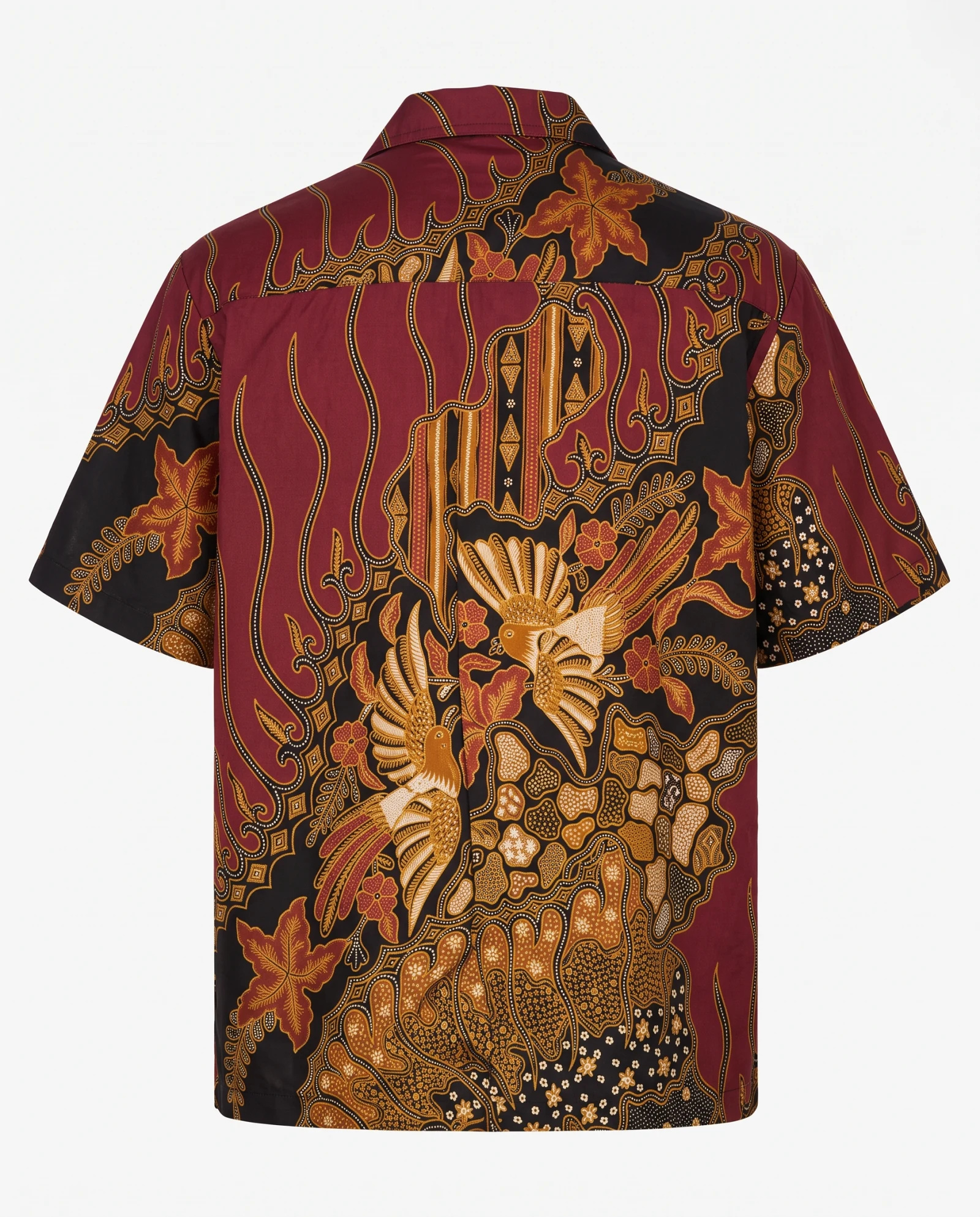 The Maroon Phoenix Batik Short-Sleeve Shirt — Deep Maroon Black & Antique Gold Batik — the printed t-shirts & shirts — VAUDRE numbered luxury — view 3