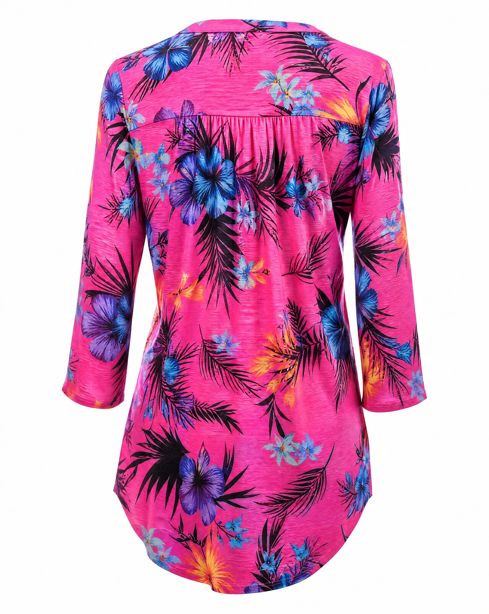 The Fuchsia Paradise Tropical Pintuck Blouse — Vibrant Fuchsia Pink Blue & Purple Trop — the blouses — VAUDRE numbered luxury — view 3