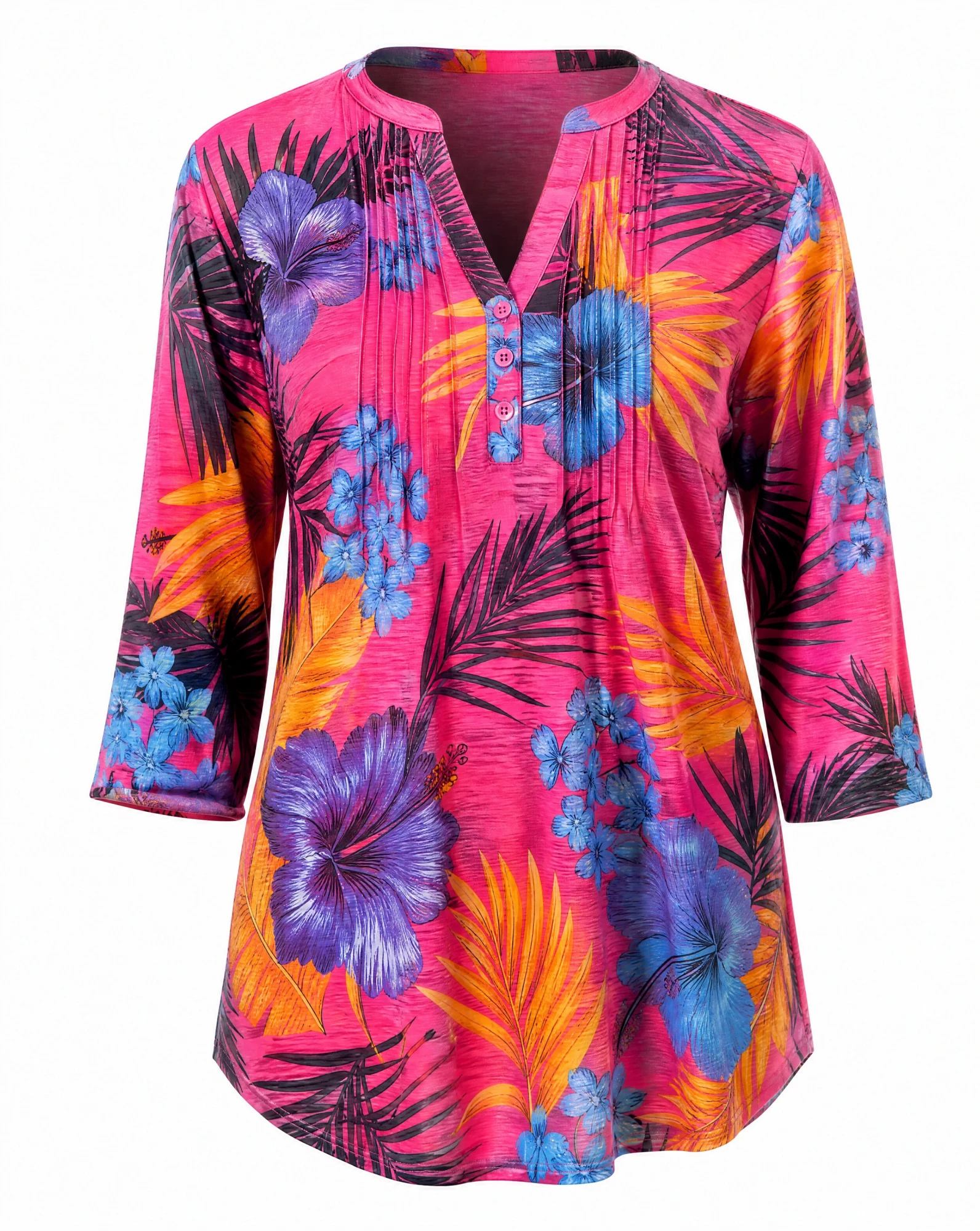 The Fuchsia Paradise Tropical Pintuck Blouse — Vibrant Fuchsia Pink Blue & Purple Trop — the blouses — VAUDRE numbered luxury