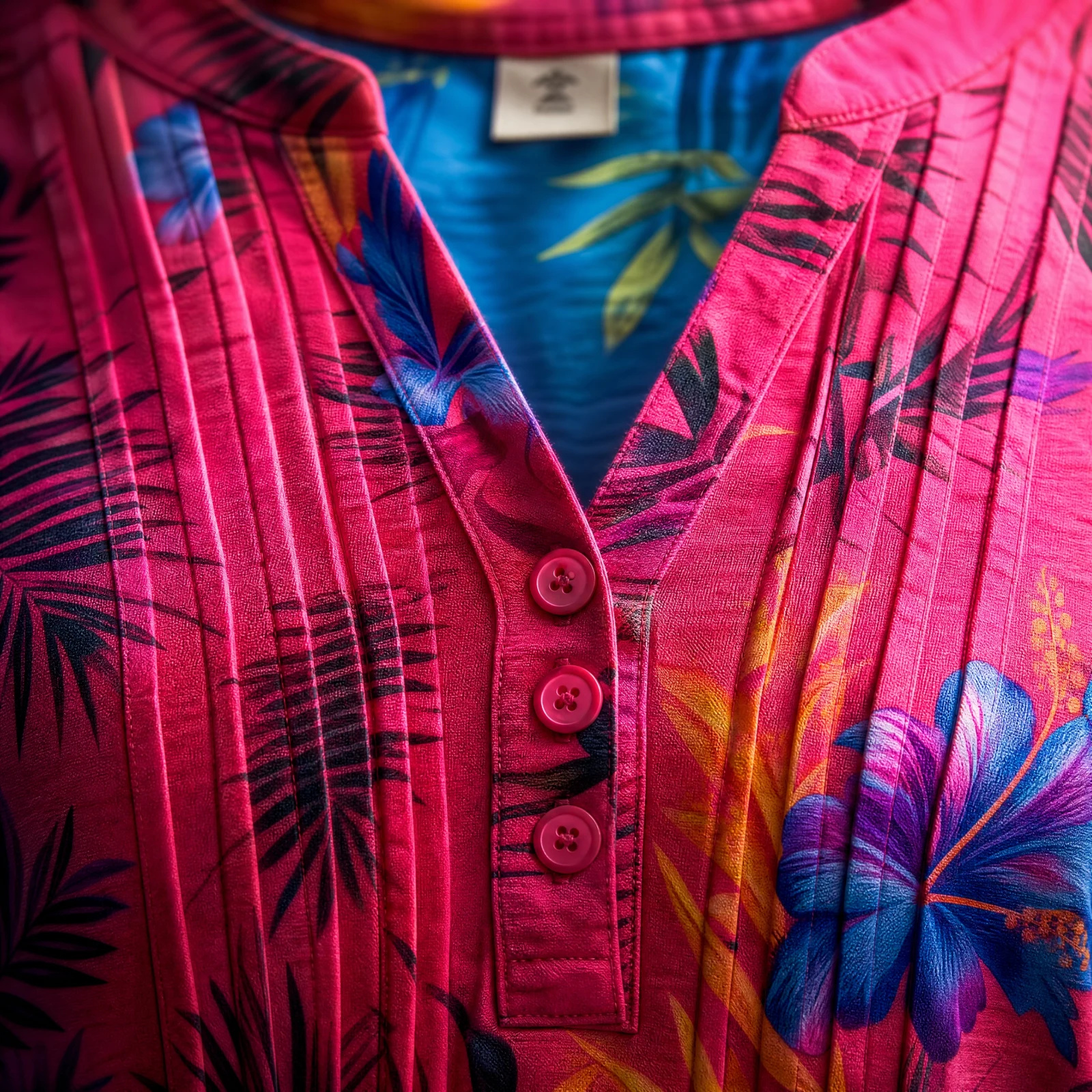 The Fuchsia Paradise Tropical Pintuck Blouse — Vibrant Fuchsia Pink Blue & Purple Trop — the blouses — VAUDRE numbered luxury — view 5