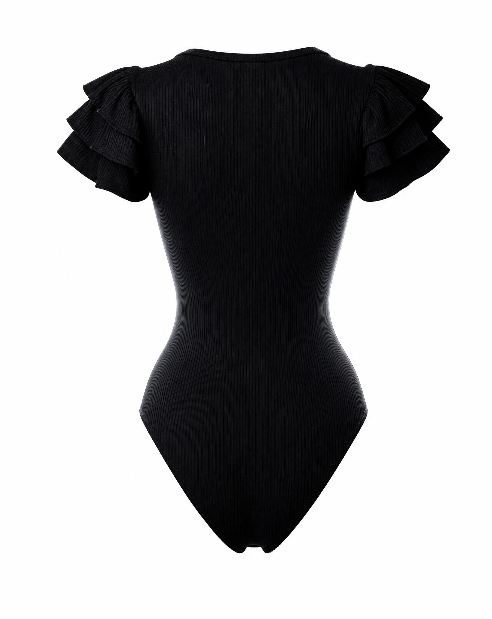 The Noir Ruffle-Sleeve Ribbed Bodysuit — Classic Jet Black — crop tops — VAUDRE numbered luxury — view 3