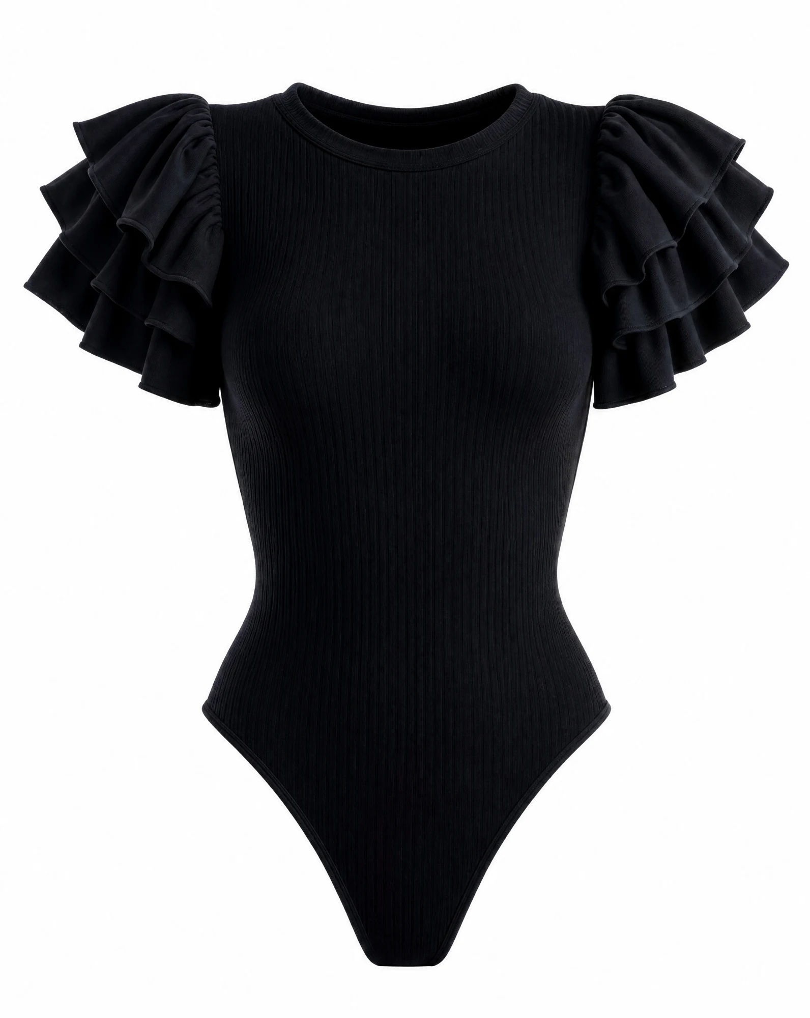 The Noir Ruffle-Sleeve Ribbed Bodysuit — Classic Jet Black — crop tops — VAUDRE numbered luxury — view 2