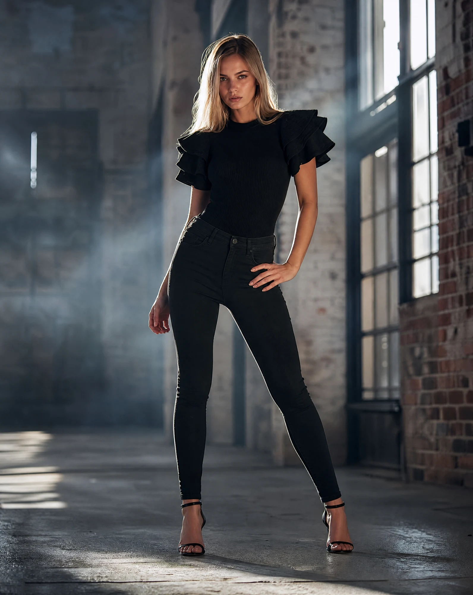 The Noir Ruffle-Sleeve Ribbed Bodysuit — Classic Jet Black — crop tops — VAUDRE numbered luxury