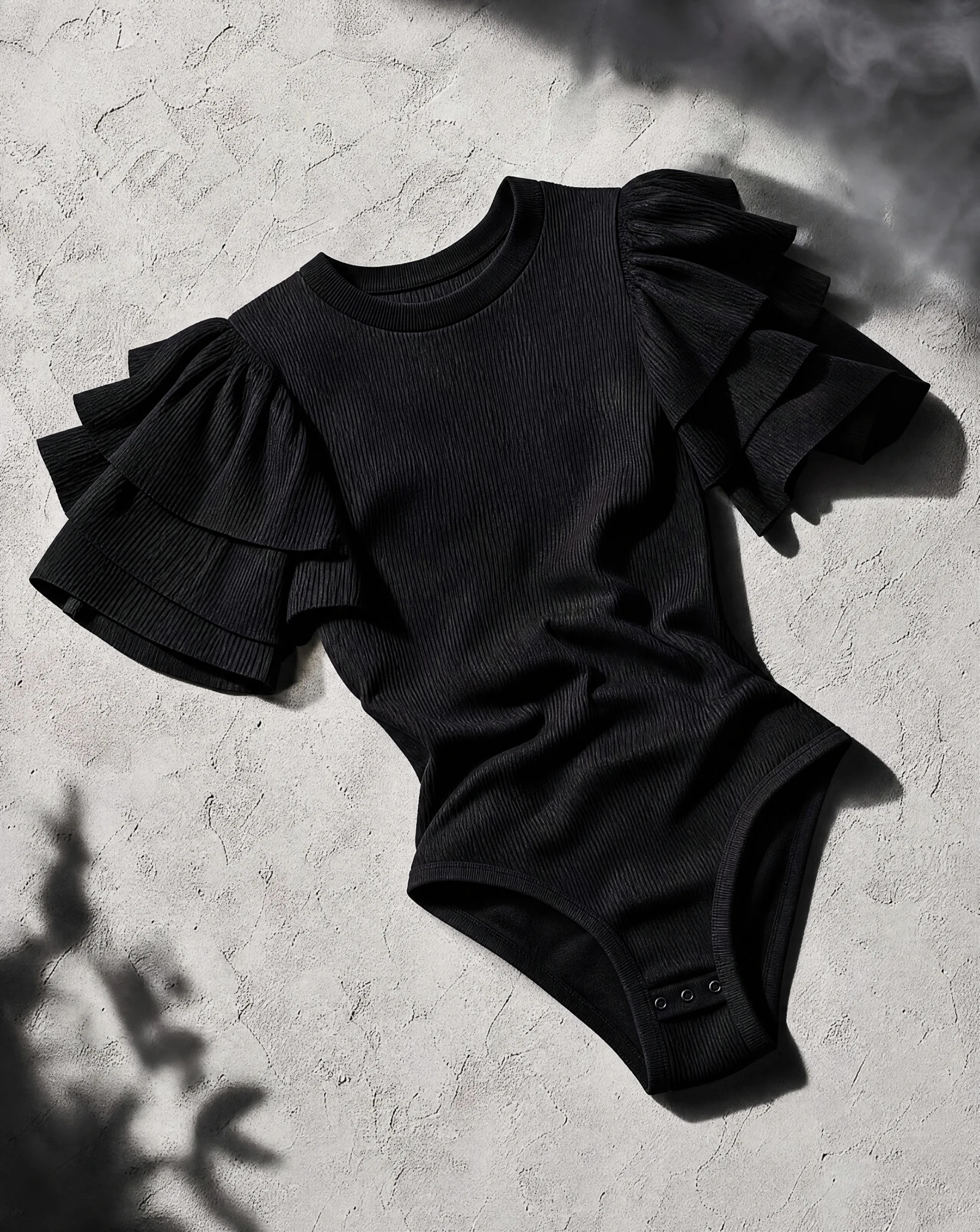 The Noir Ruffle-Sleeve Ribbed Bodysuit — Classic Jet Black — crop tops — VAUDRE numbered luxury — view 4