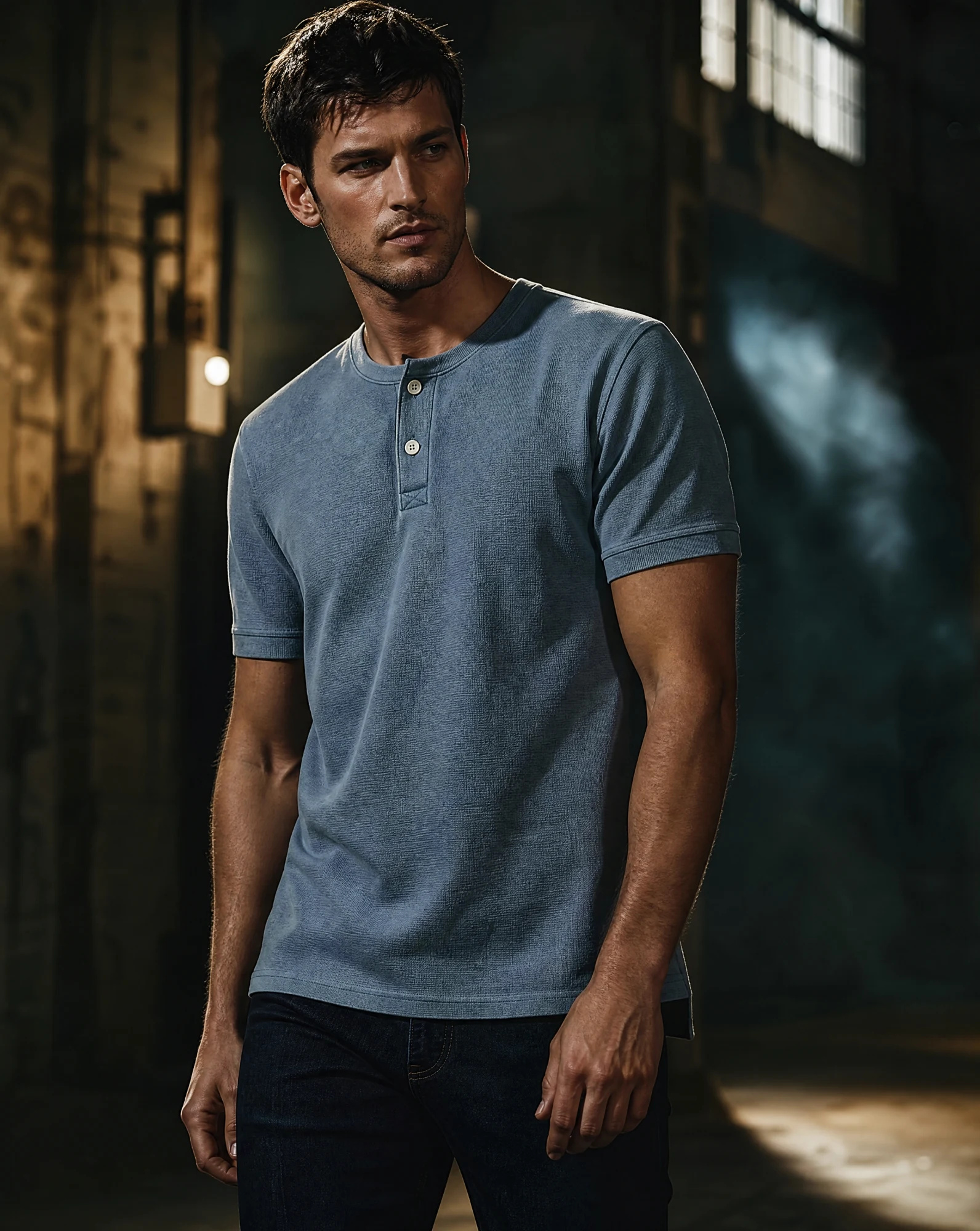 The Indigo Waffle-Knit Henley Tee — Washed Indigo Blue — the casual t-shirt — VAUDRE numbered luxury — view 2