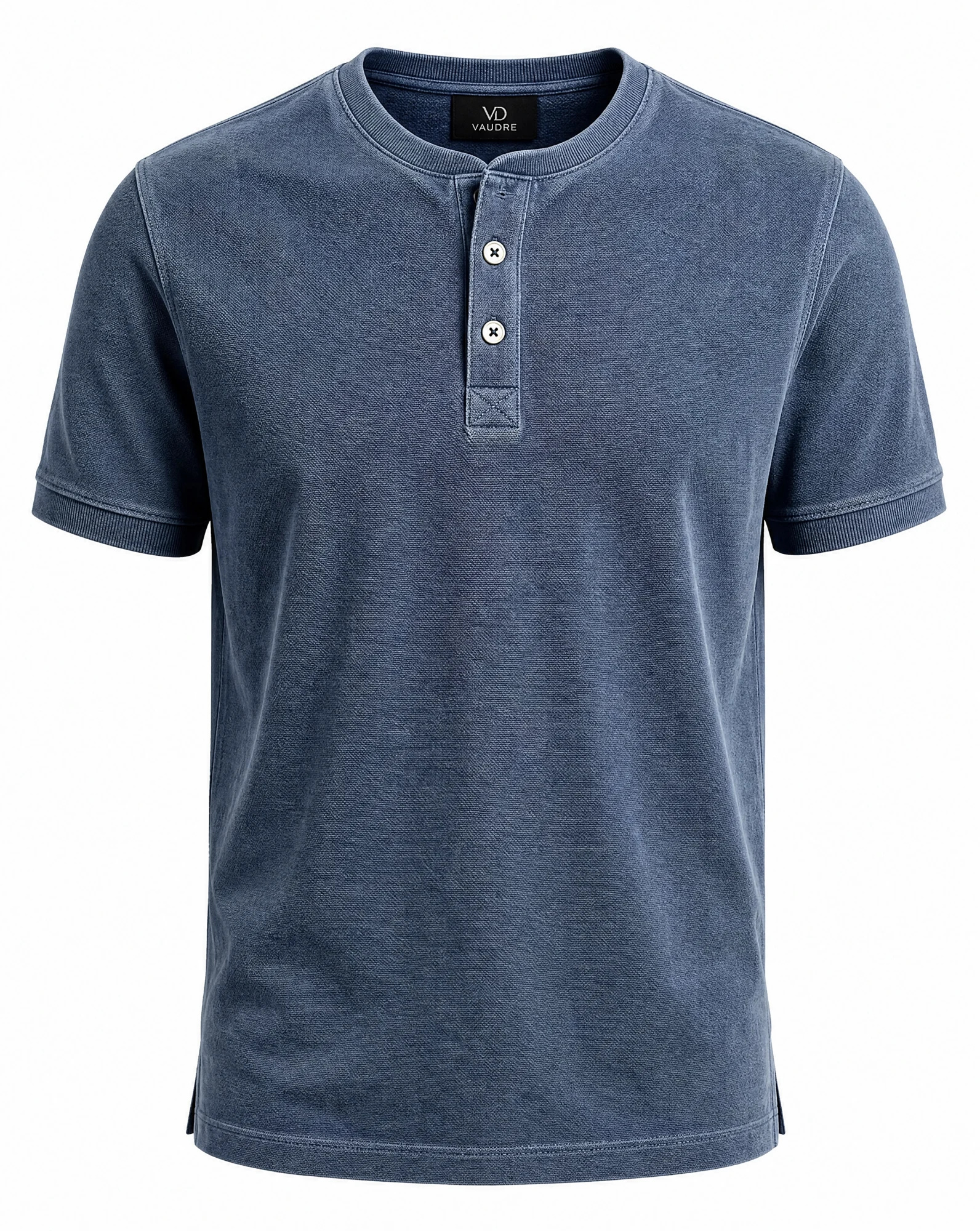 The Indigo Waffle-Knit Henley Tee — Washed Indigo Blue — the casual t-shirt — VAUDRE numbered luxury