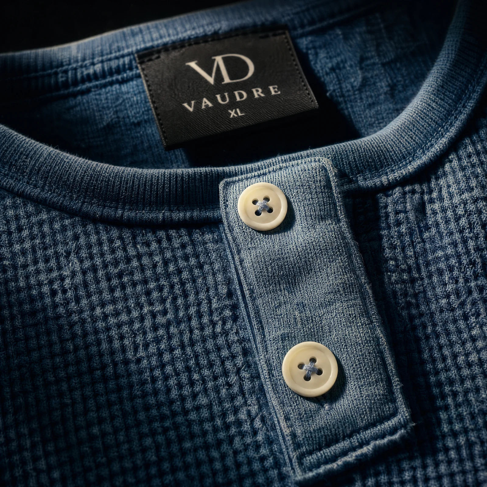 The Indigo Waffle-Knit Henley Tee — Washed Indigo Blue — the casual t-shirt — VAUDRE numbered luxury — view 4
