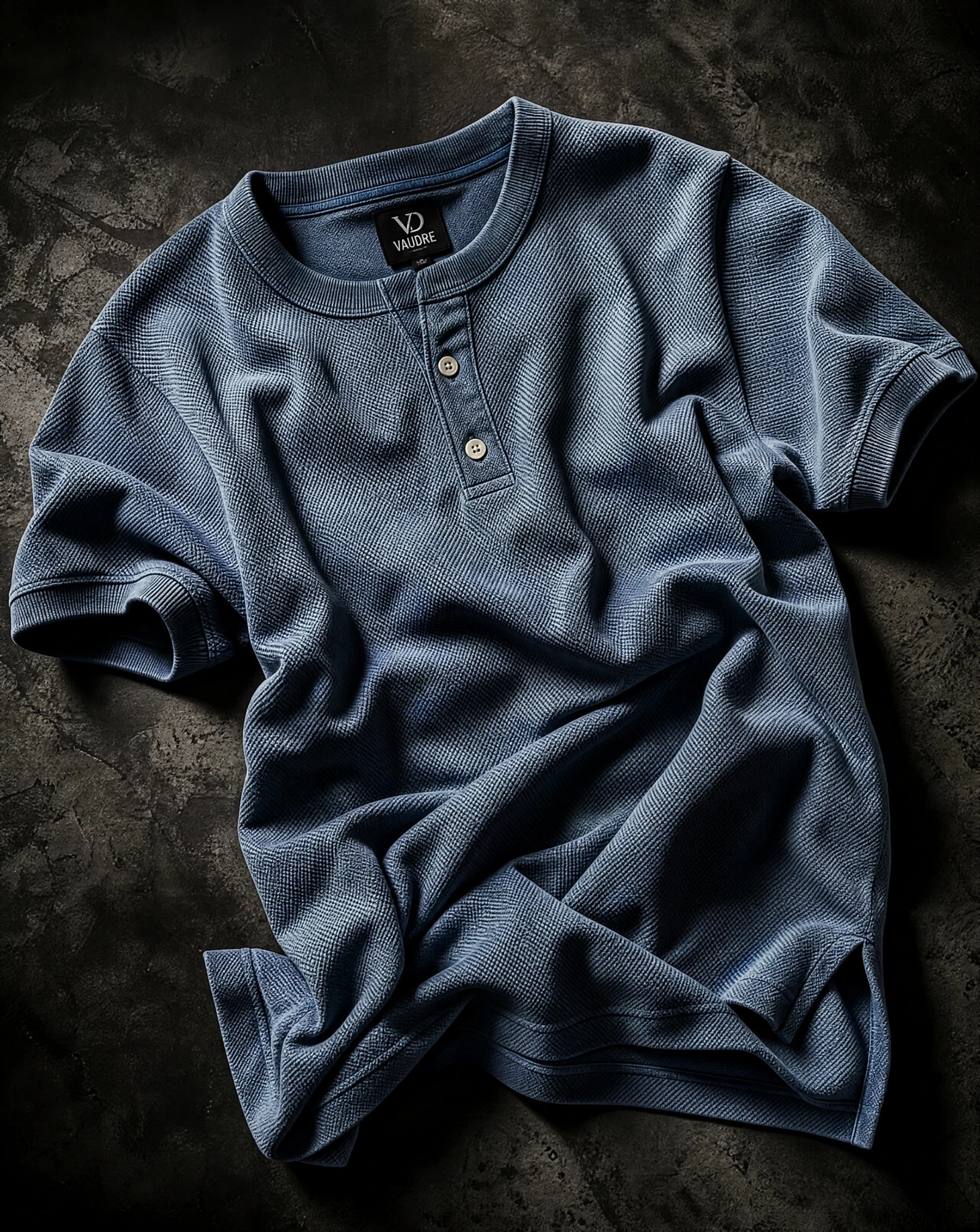 The Indigo Waffle-Knit Henley Tee — Washed Indigo Blue — the casual t-shirt — VAUDRE numbered luxury — view 5