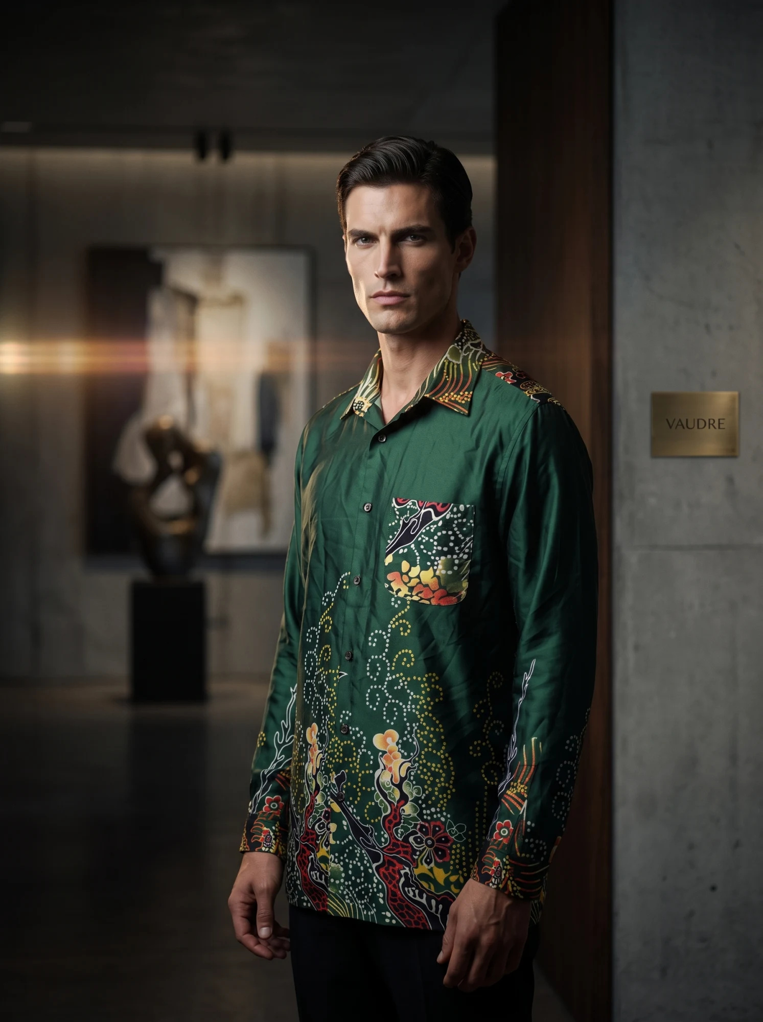 The Emerald Reef Batik Long-Sleeve Silk Shirt — Deep Emerald Green Black & Ivory Batik — the printed t-shirts & shirts — VAUDRE numbered luxury — view 2