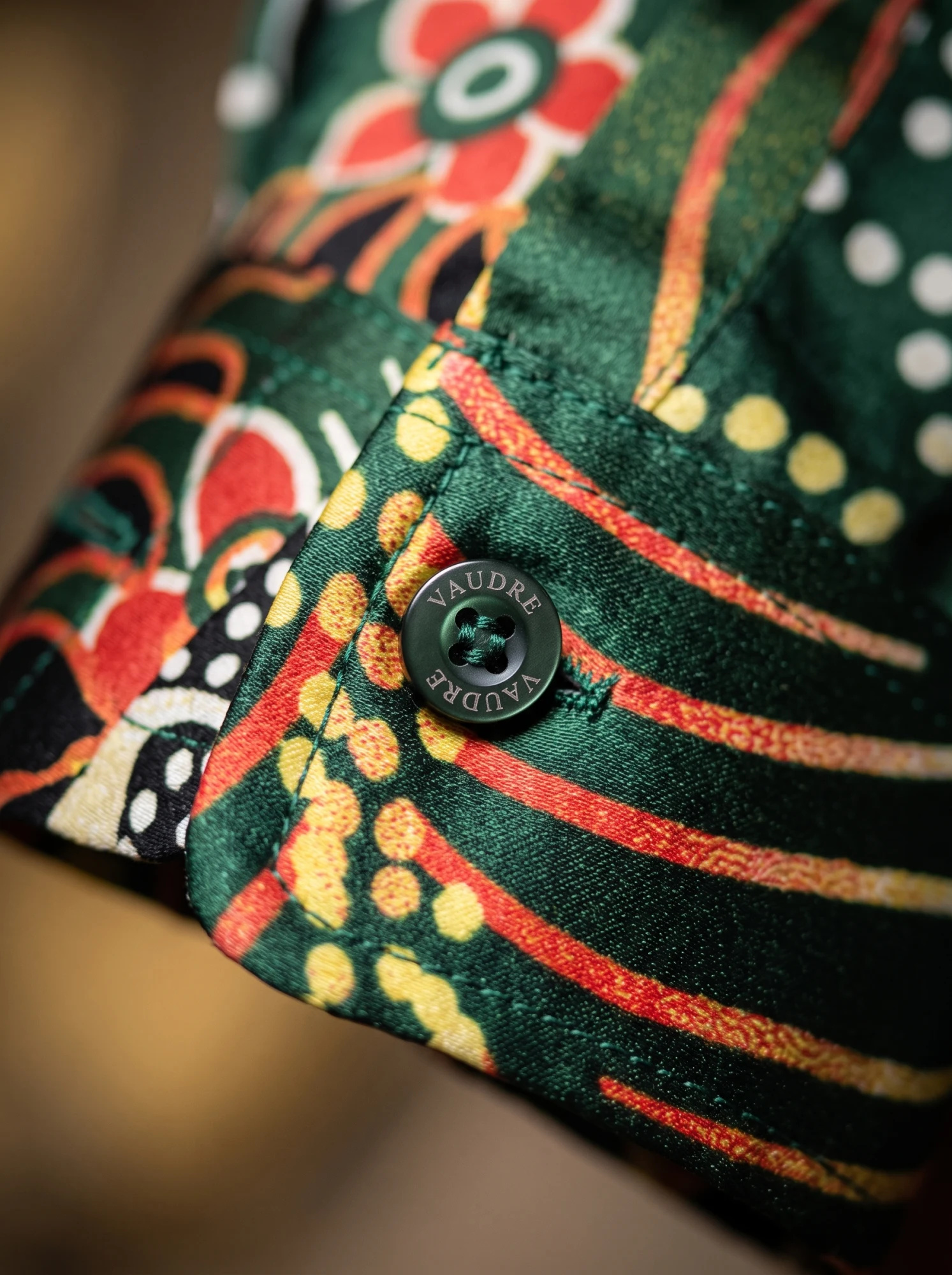 The Emerald Reef Batik Long-Sleeve Silk Shirt — Deep Emerald Green Black & Ivory Batik — the printed t-shirts & shirts — VAUDRE numbered luxury — view 5