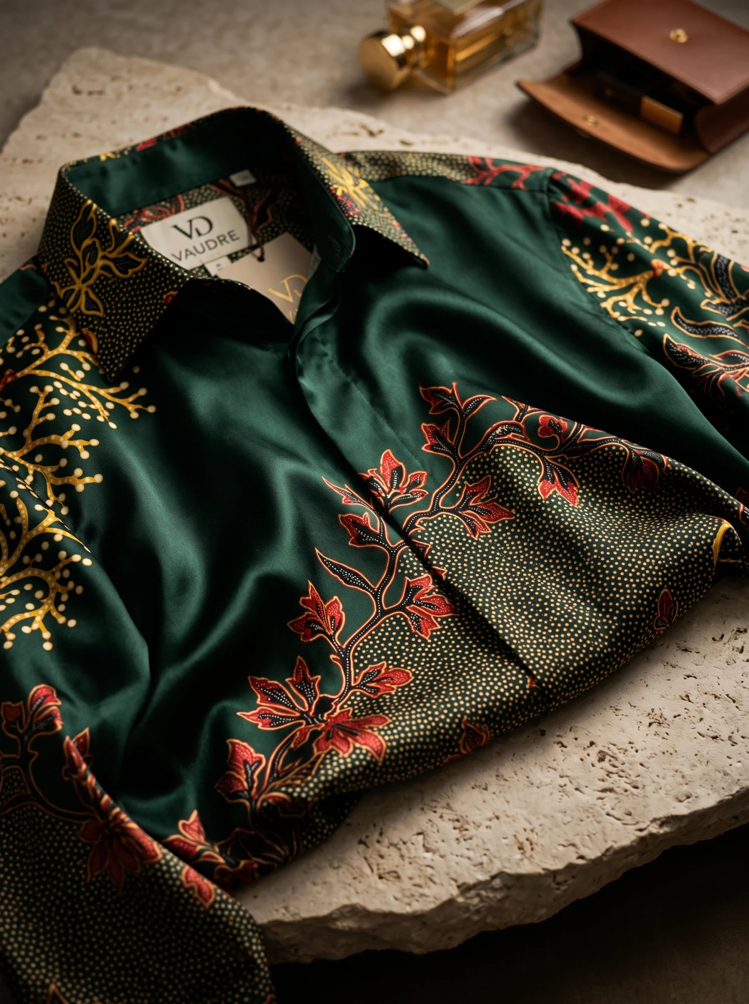 The Emerald Reef Batik Long-Sleeve Silk Shirt — Deep Emerald Green Black & Ivory Batik — the printed t-shirts & shirts — VAUDRE numbered luxury — view 4