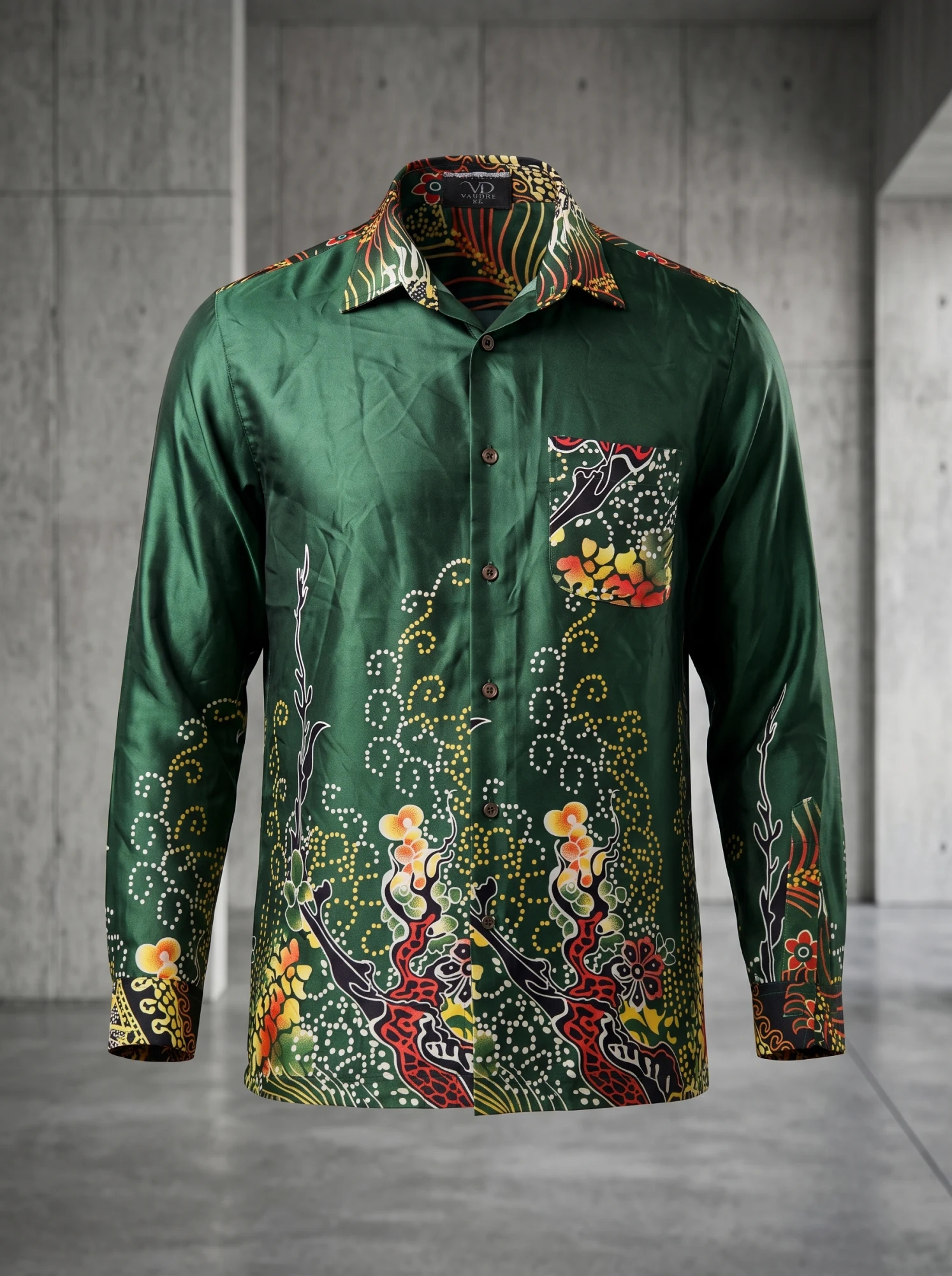 The Emerald Reef Batik Long-Sleeve Silk Shirt — Deep Emerald Green Black & Ivory Batik — the printed t-shirts & shirts — VAUDRE numbered luxury