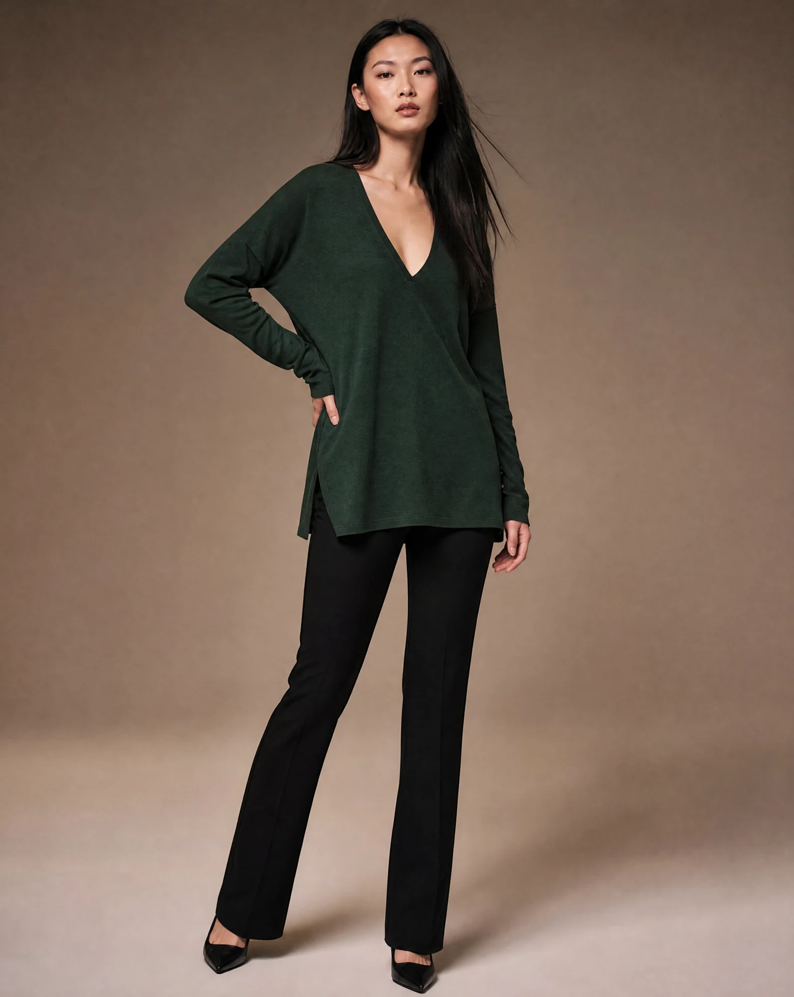 The Forest Essential V-Neck Long-Sleeve Tee — Deep Forest Green — the blouses — VAUDRE numbered luxury