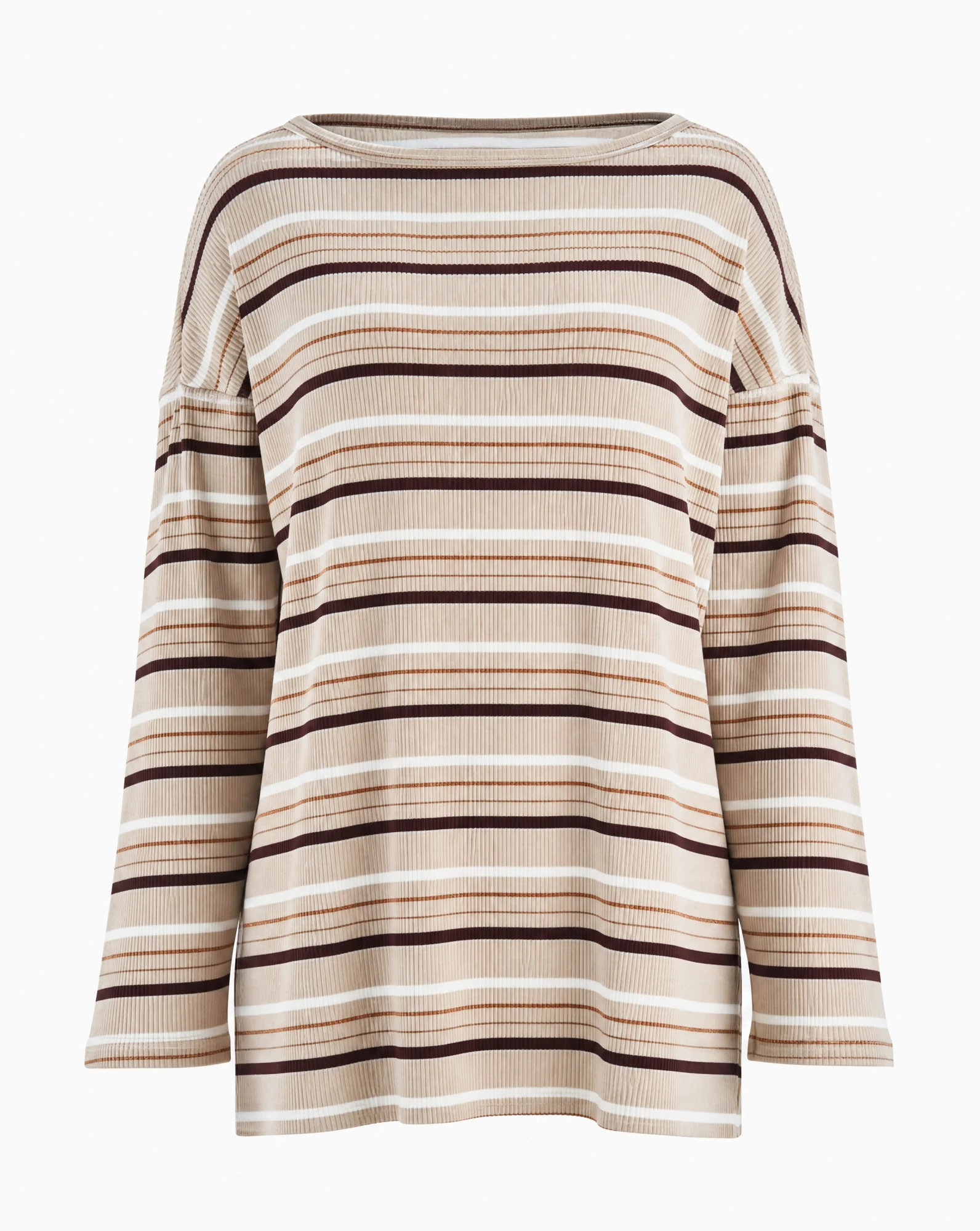 The Caramel Stripe Ribbed Boat-Neck Top — Caramel Beige & Chocolate Brown Stripe — the blouses — VAUDRE numbered luxury
