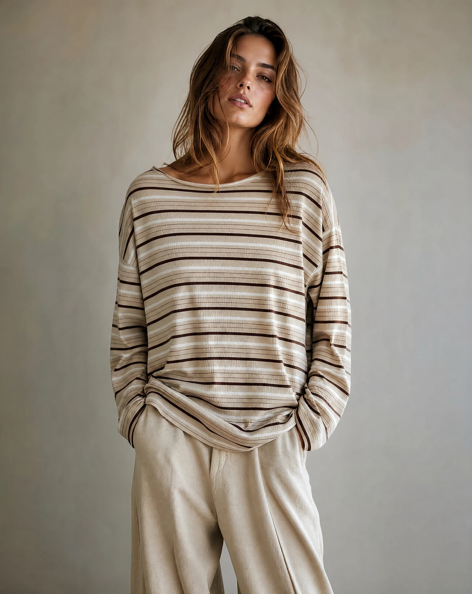 The Caramel Stripe Ribbed Boat-Neck Top — Caramel Beige & Chocolate Brown Stripe — the blouses — VAUDRE numbered luxury — view 2