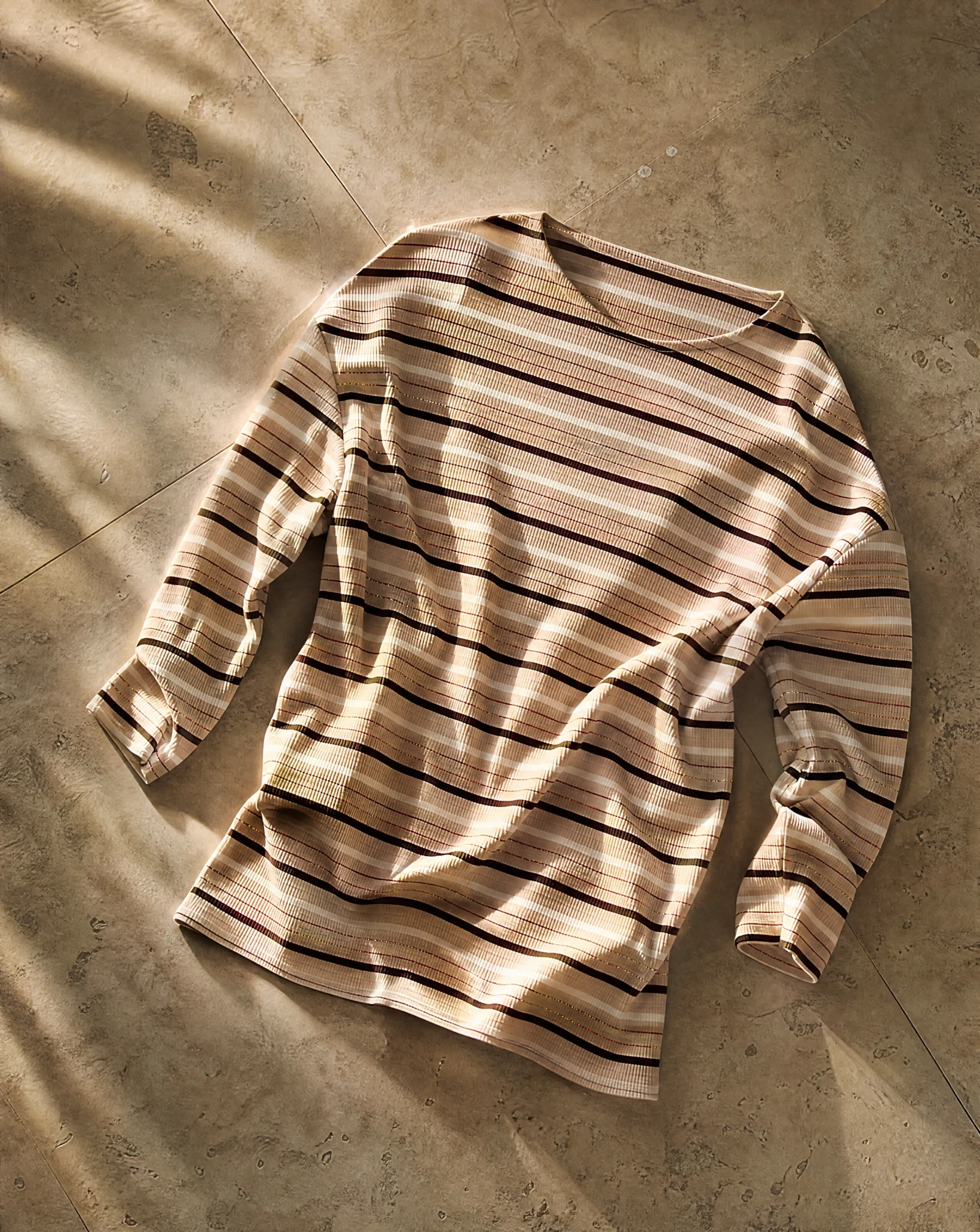 The Caramel Stripe Ribbed Boat-Neck Top — Caramel Beige & Chocolate Brown Stripe — the blouses — VAUDRE numbered luxury — view 4