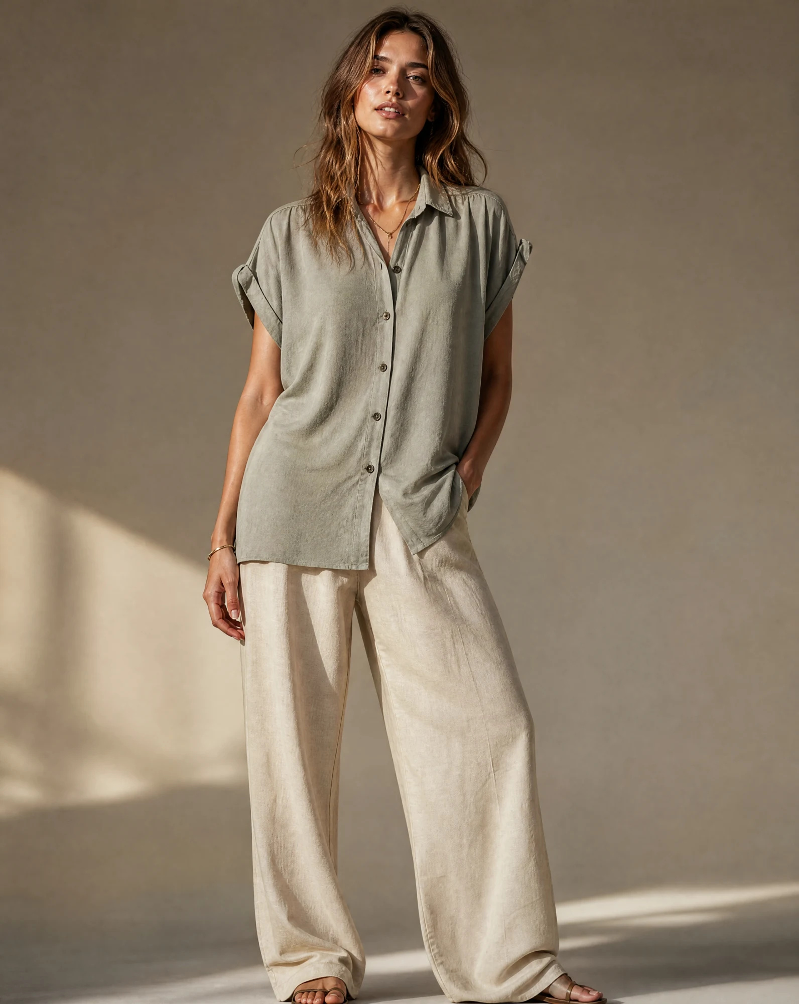 The Sage Garden Short-Sleeve Button Shirt — Soft Sage Green — the blouses — VAUDRE numbered luxury — view 2
