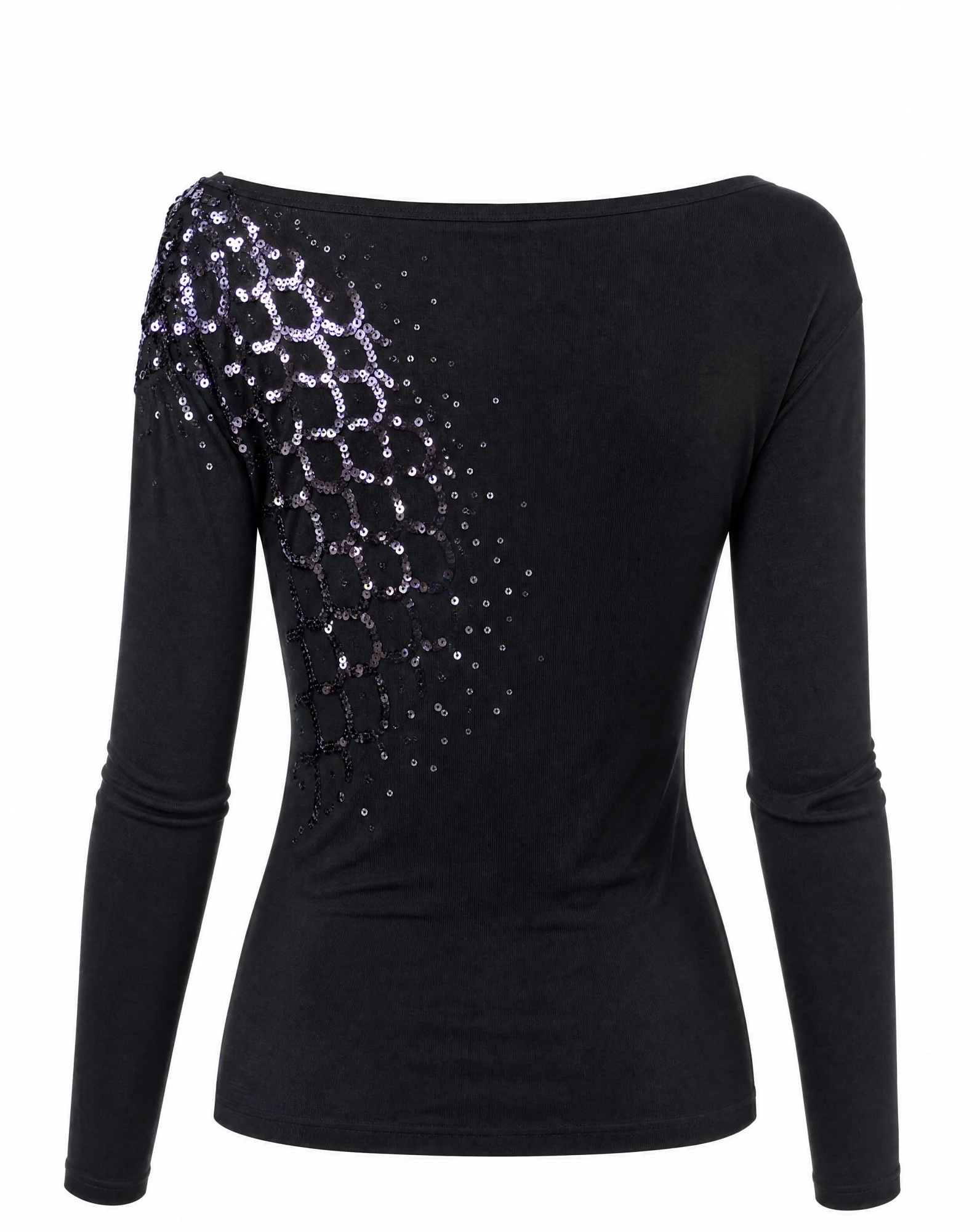The Noir Sequin Off-Shoulder Statement Top — Jet Black with Sequin Shoulders — party wear — VAUDRE numbered luxury — view 3