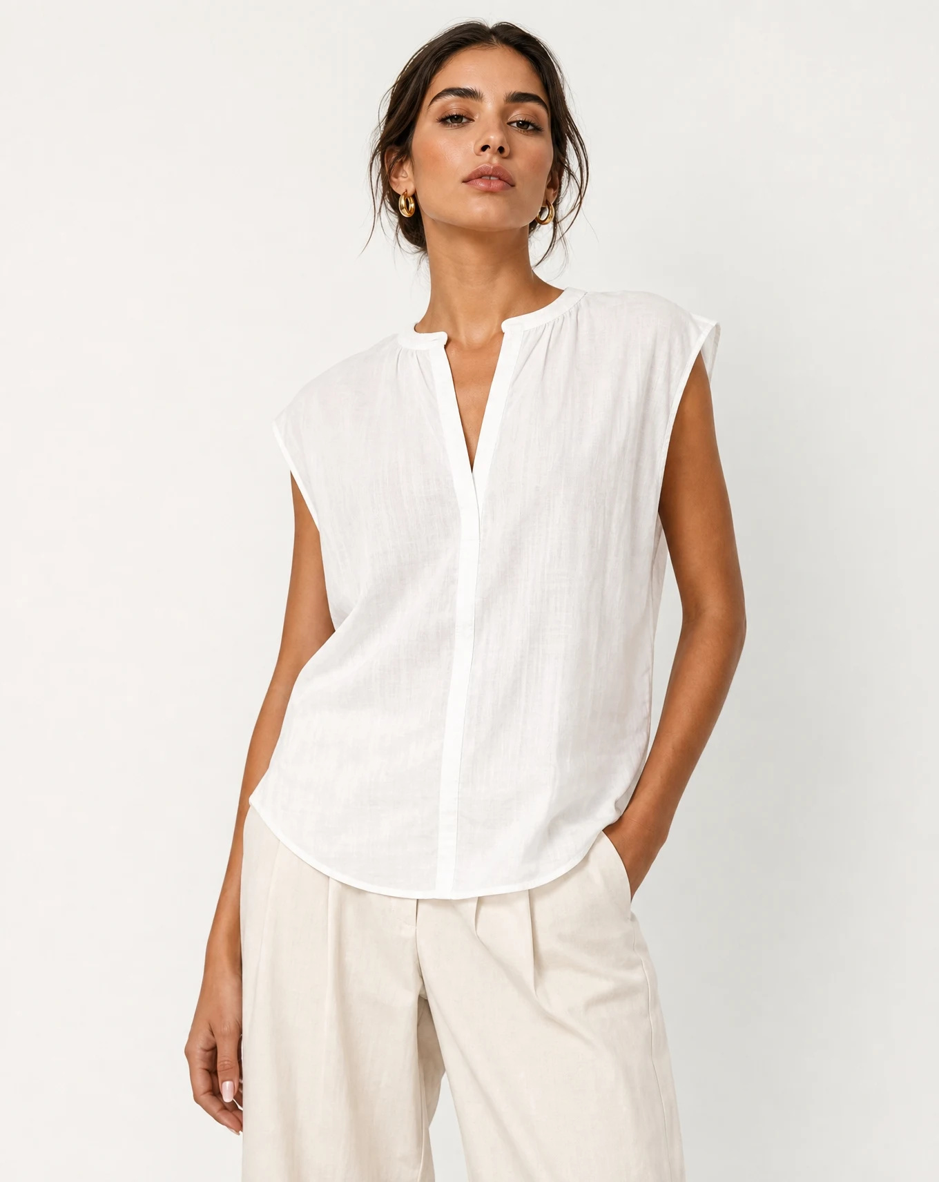 The Ivory Linen Band-Collar Sleeveless Top — Soft Ivory White — the blouses — VAUDRE numbered luxury — view 2