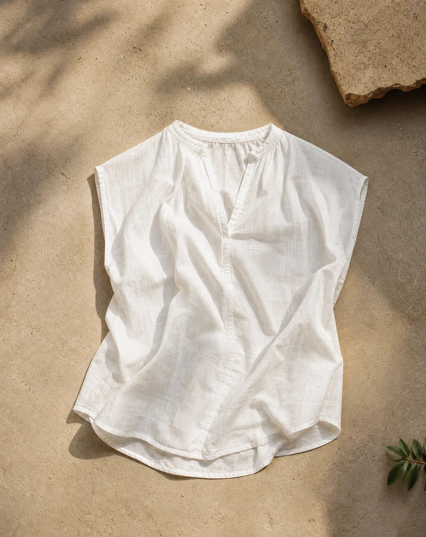 The Ivory Linen Band-Collar Sleeveless Top — Soft Ivory White — the blouses — VAUDRE numbered luxury — view 4