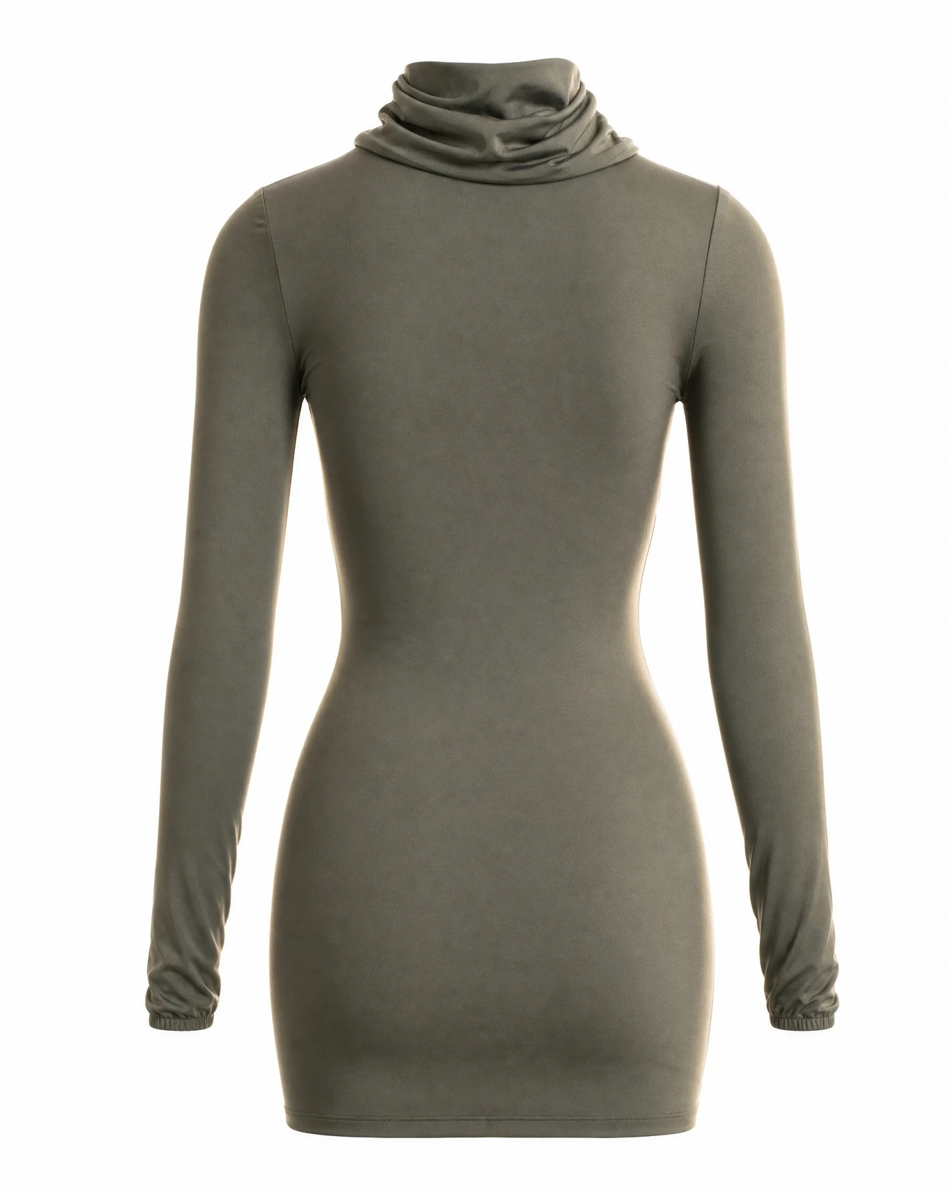 The Olive Ruched Cowl-Neck Bodycon Mini Dress — Deep Olive Green — party wear — VAUDRE numbered luxury — view 3