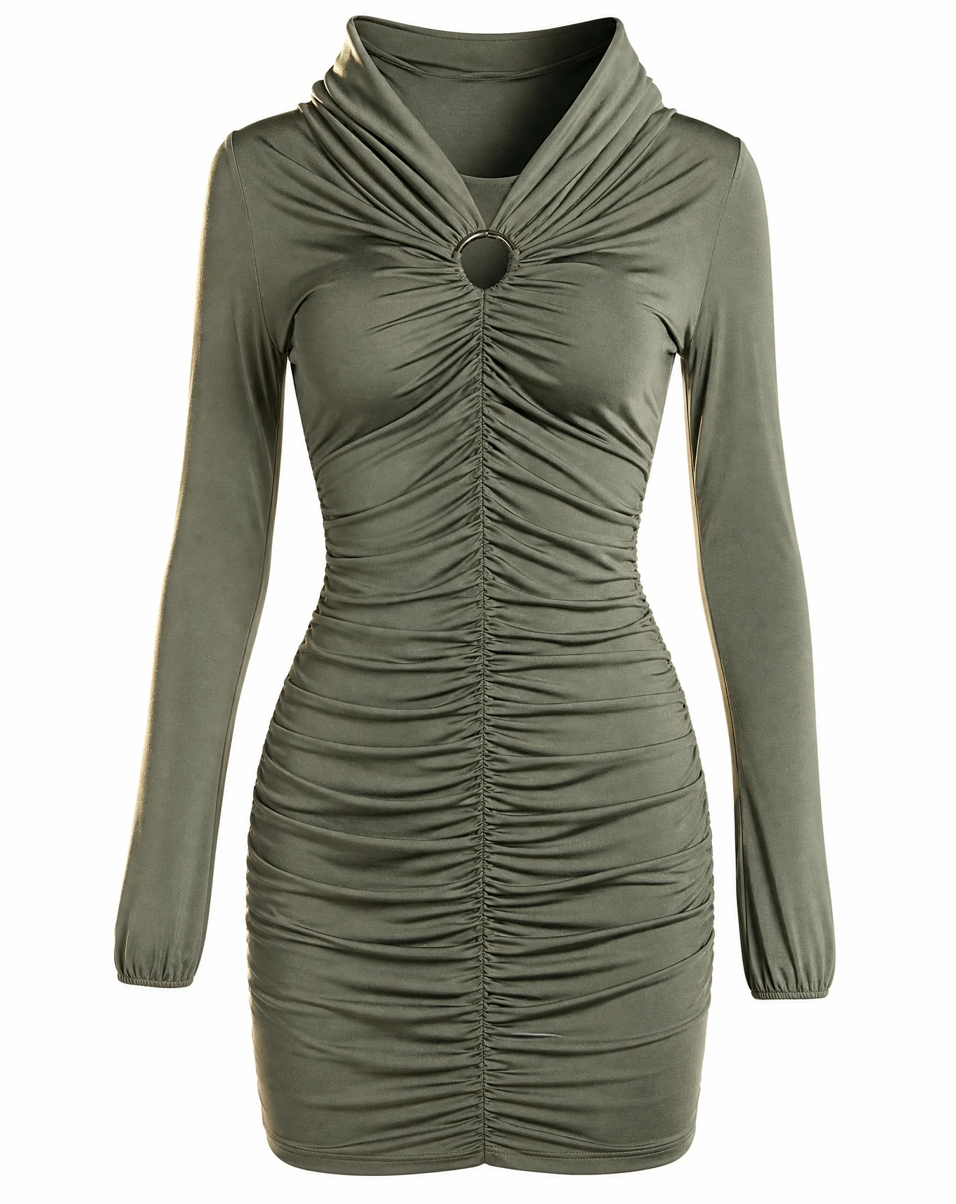 The Olive Ruched Cowl-Neck Bodycon Mini Dress — Deep Olive Green — party wear — VAUDRE numbered luxury
