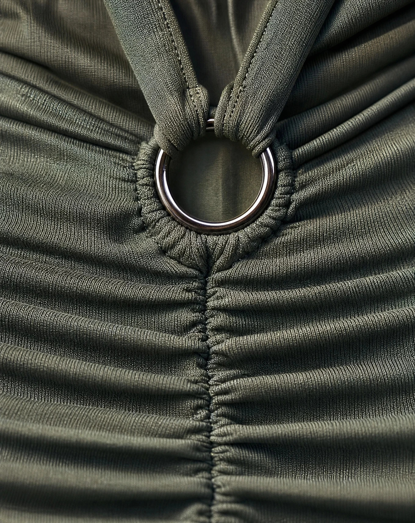 The Olive Ruched Cowl-Neck Bodycon Mini Dress — Deep Olive Green — party wear — VAUDRE numbered luxury — view 5