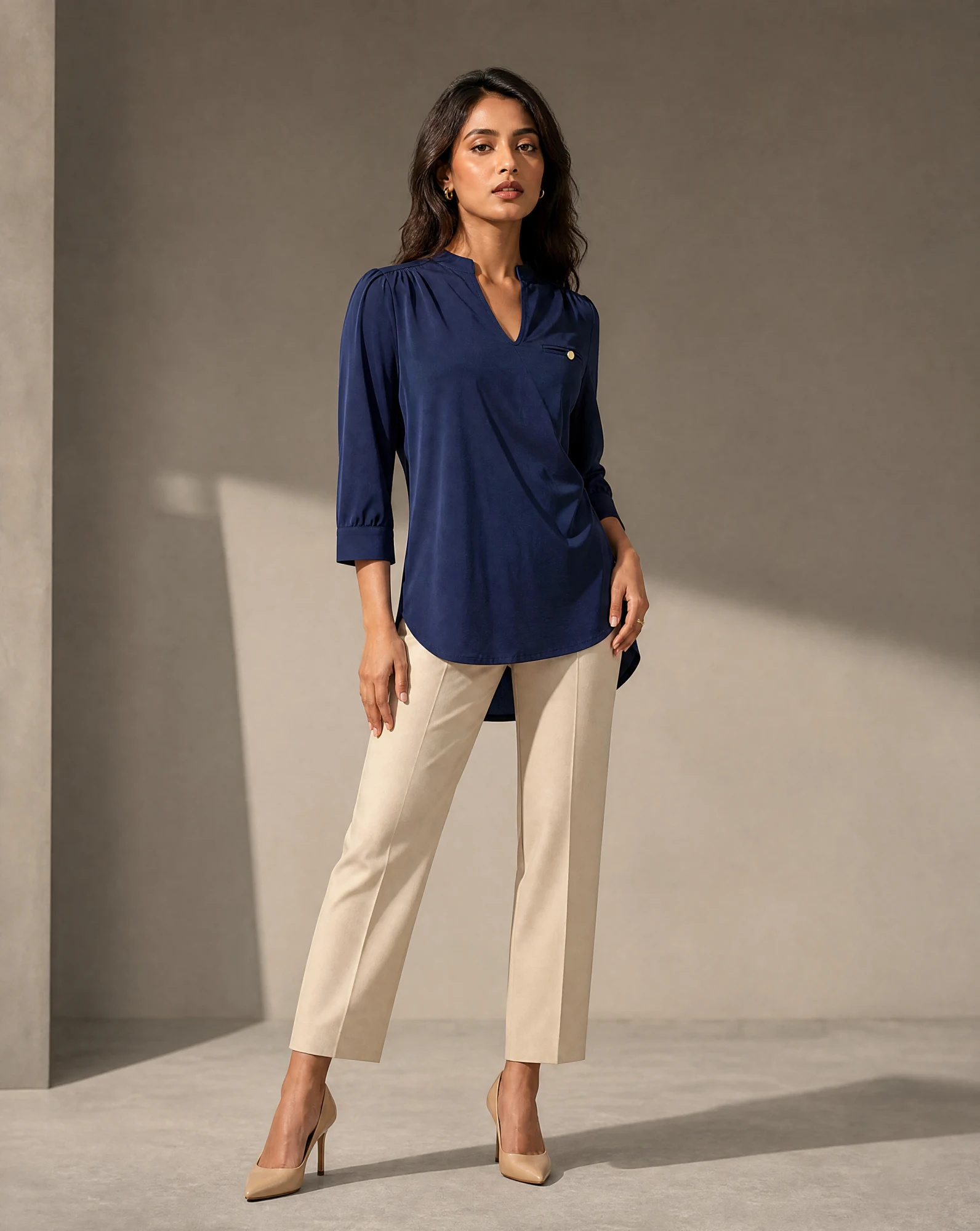 The Midnight Navy Mandarin-Collar Tunic Top — Deep Midnight Navy — the blouses — VAUDRE numbered luxury — view 2
