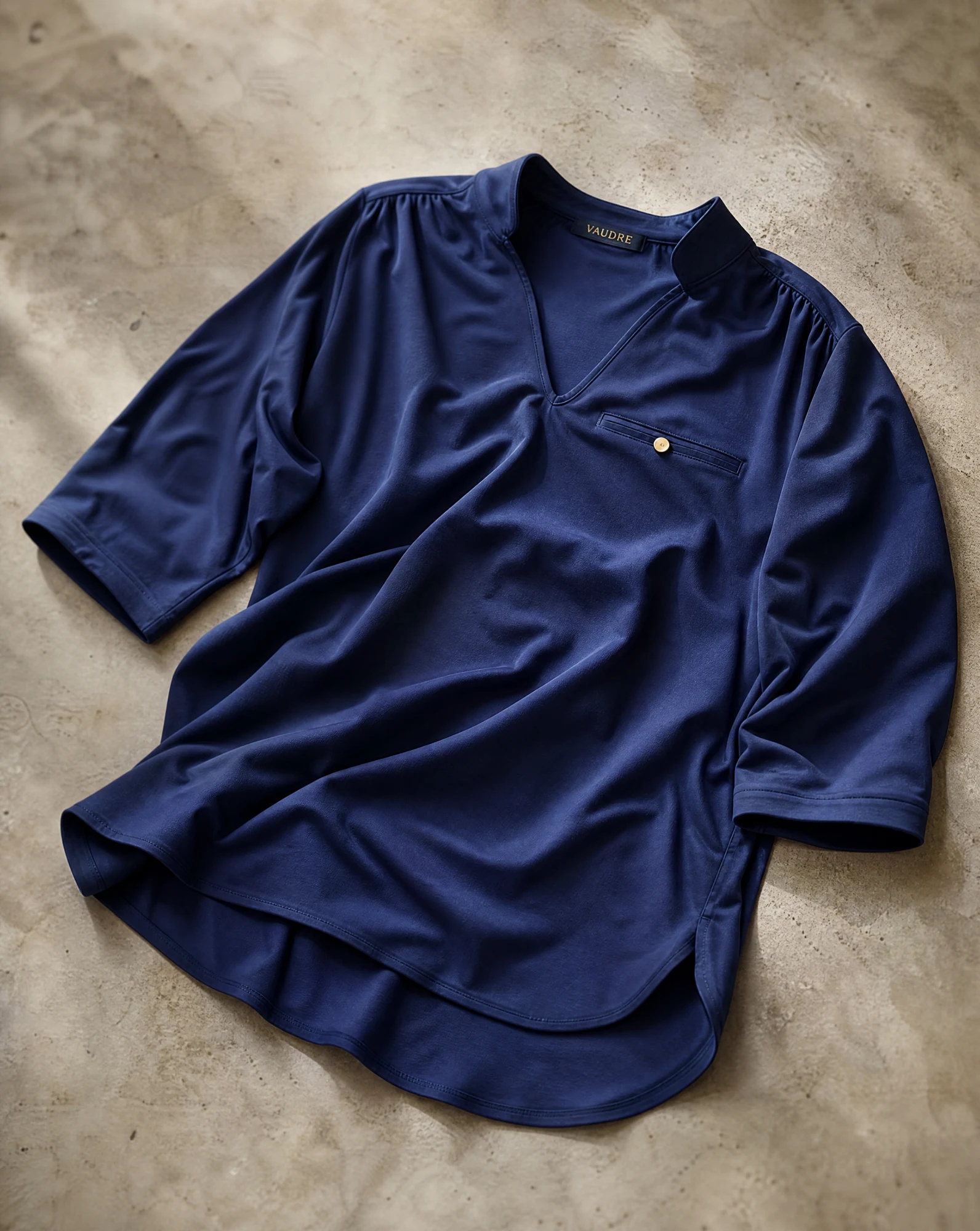 The Midnight Navy Mandarin-Collar Tunic Top — Deep Midnight Navy — the blouses — VAUDRE numbered luxury — view 4