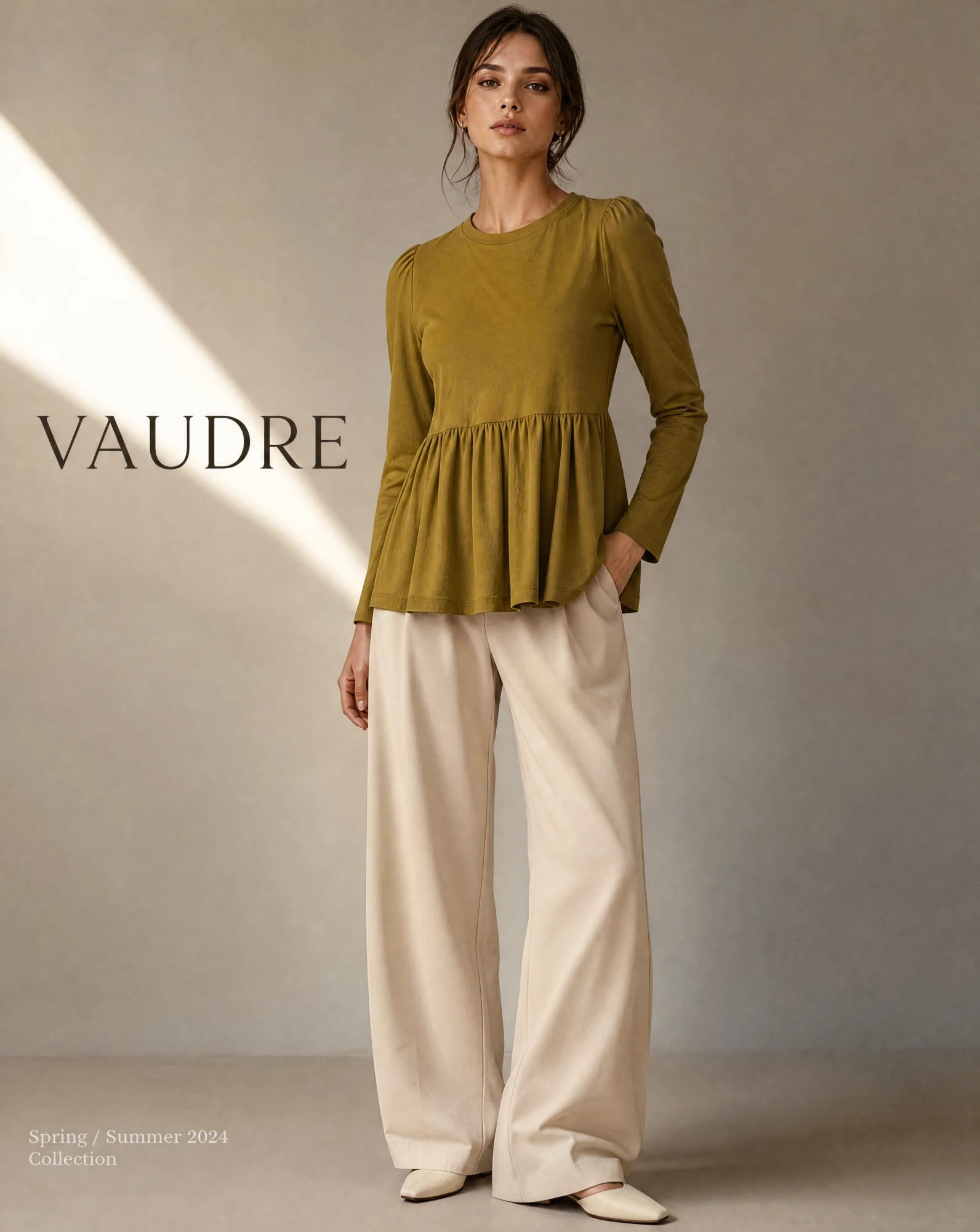 The Olive Grove Peplum Long-Sleeve Top — Warm Olive Mustard — the blouses — VAUDRE numbered luxury — view 2
