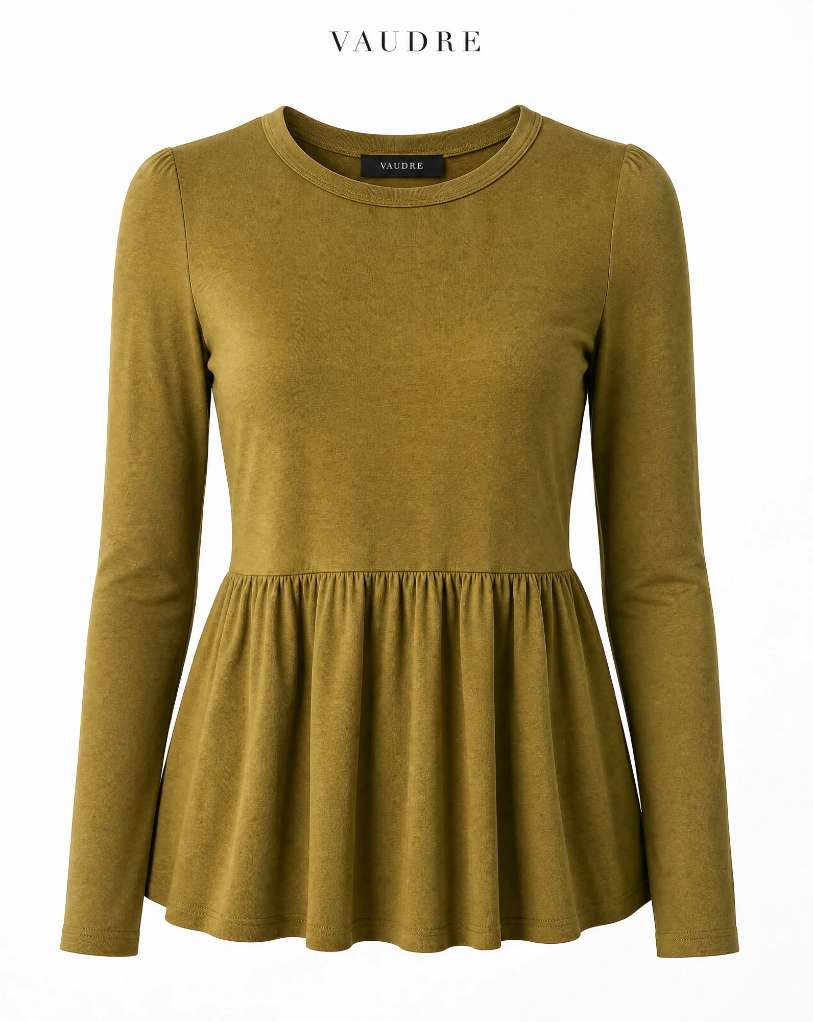 The Olive Grove Peplum Long-Sleeve Top — Warm Olive Mustard — the blouses — VAUDRE numbered luxury