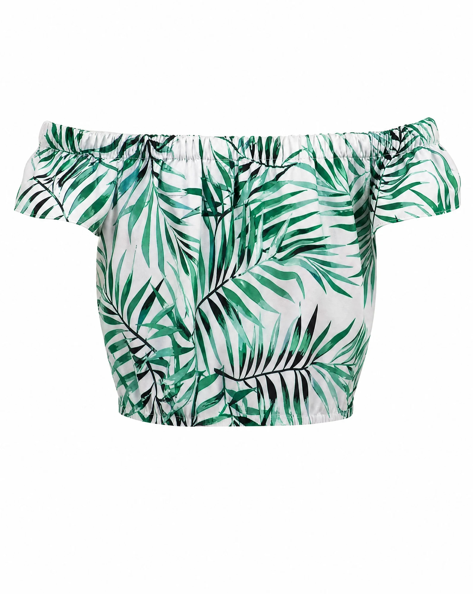 The Palm Paradise Off-Shoulder Ruffle Crop Top — Ivory White with Emerald Palm Print — crop tops — VAUDRE numbered luxury — view 3