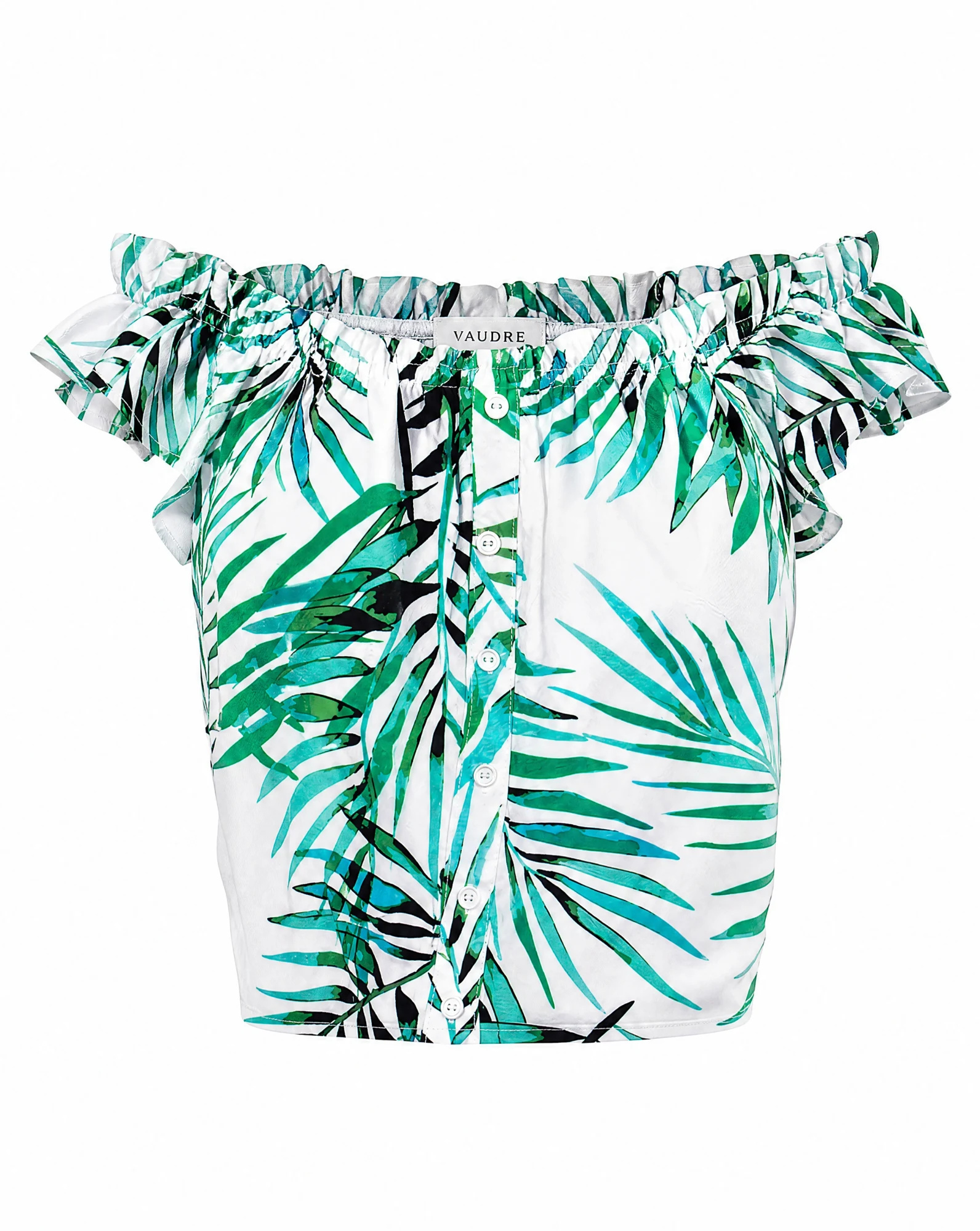 The Palm Paradise Off-Shoulder Ruffle Crop Top — Ivory White with Emerald Palm Print — crop tops — VAUDRE numbered luxury
