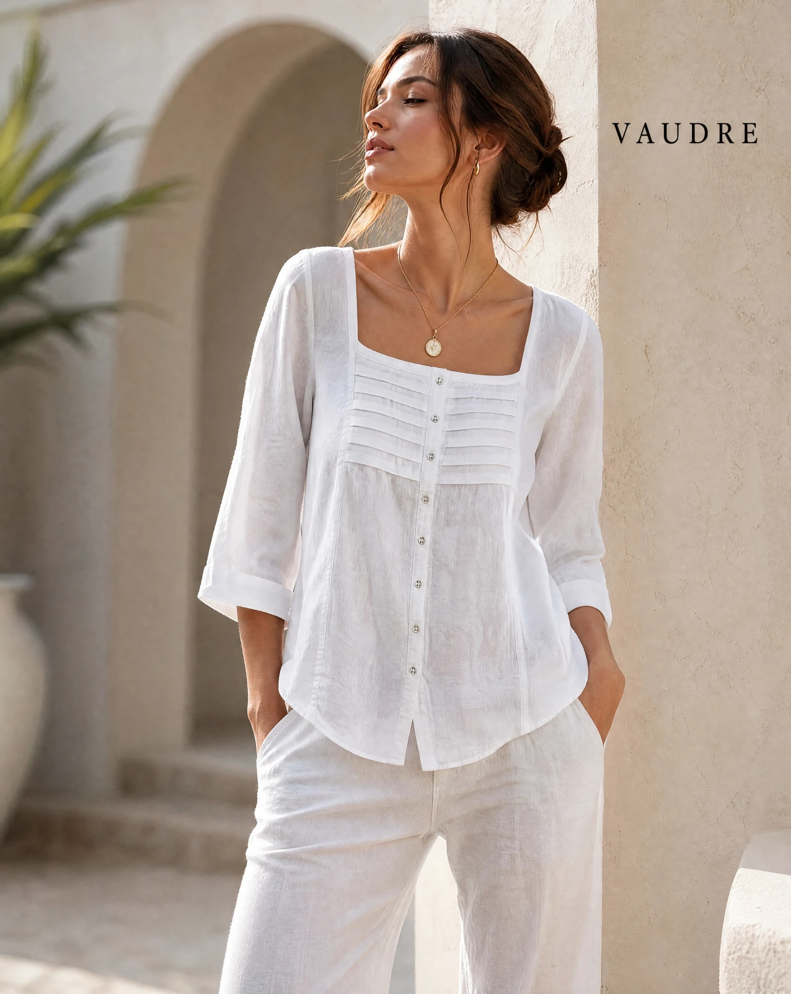 The Ivory Linen Pintuck Square-Neck Blouse — Pure Ivory White — the blouses — VAUDRE numbered luxury — view 2