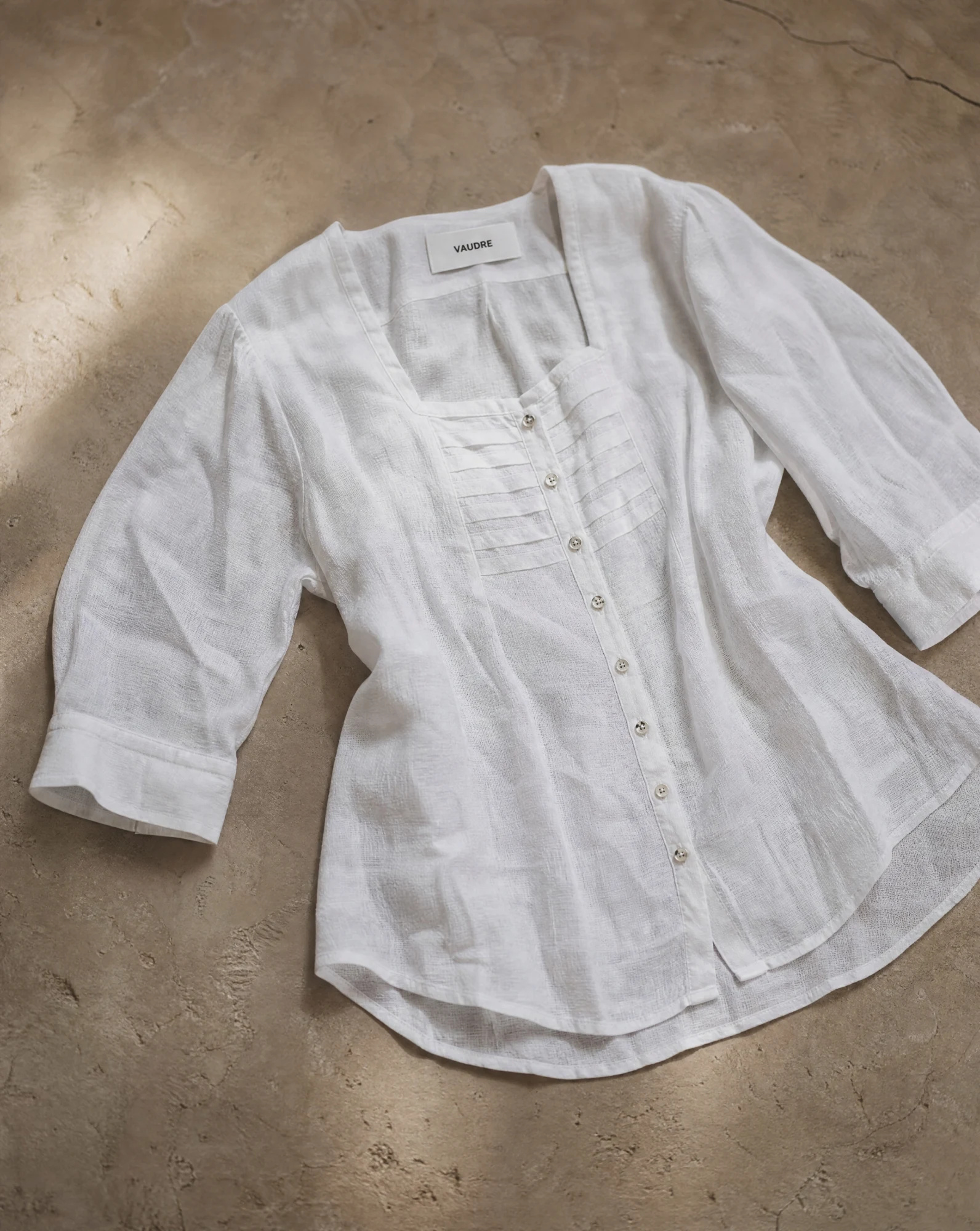 The Ivory Linen Pintuck Square-Neck Blouse — Pure Ivory White — the blouses — VAUDRE numbered luxury — view 4