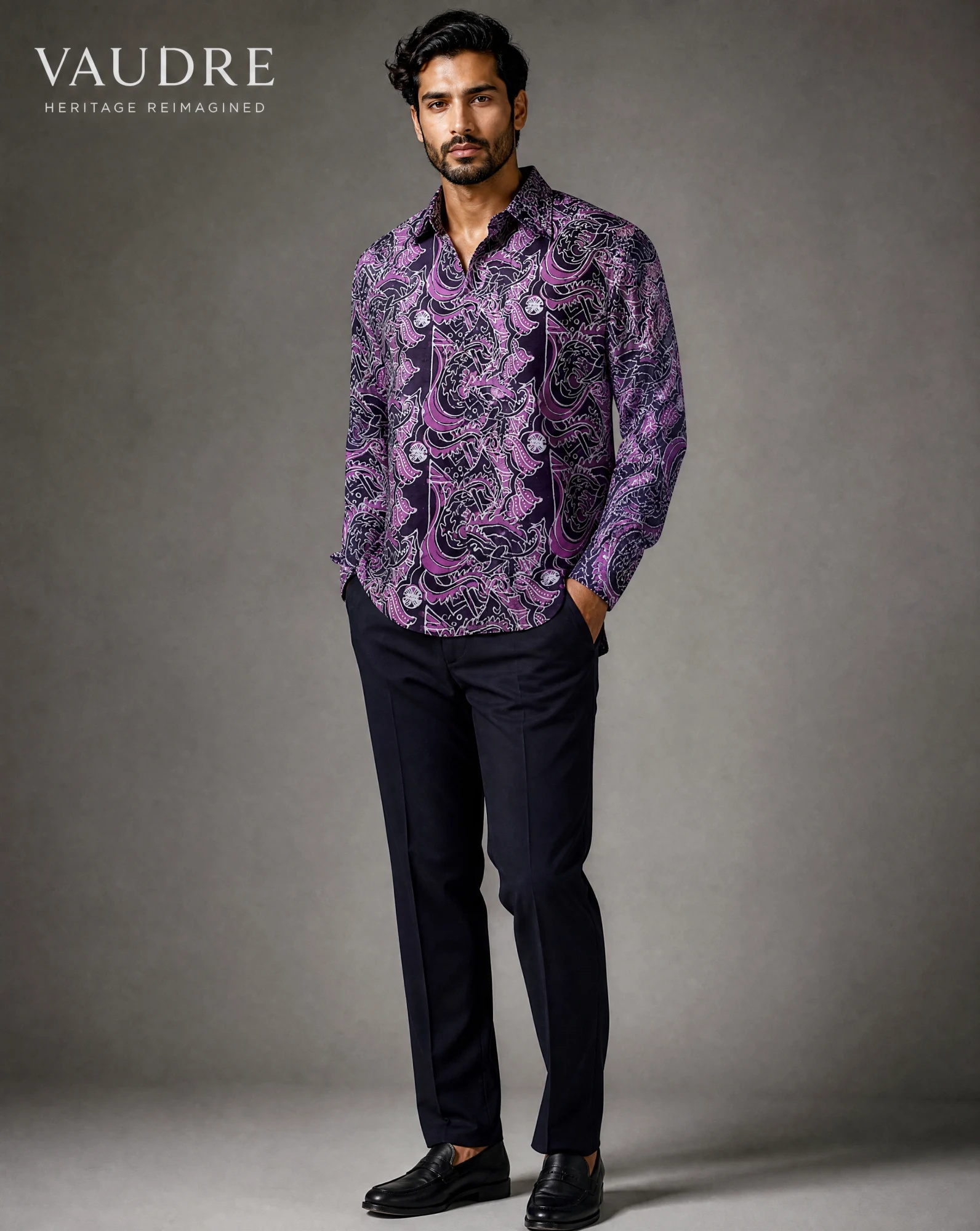 The Amethyst Batik Long-Sleeve Shirt — Deep Purple Batik Print — the printed t-shirts & shirts — VAUDRE numbered luxury — view 2
