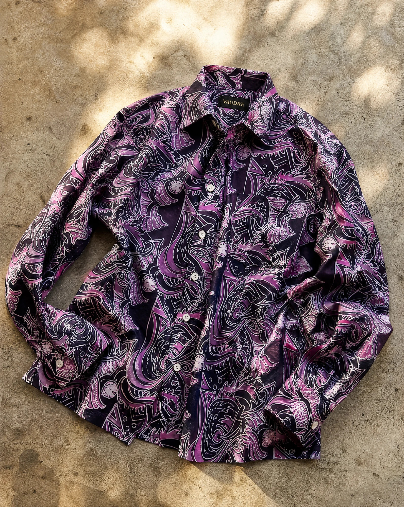 The Amethyst Batik Long-Sleeve Shirt — Deep Purple Batik Print — the printed t-shirts & shirts — VAUDRE numbered luxury — view 4