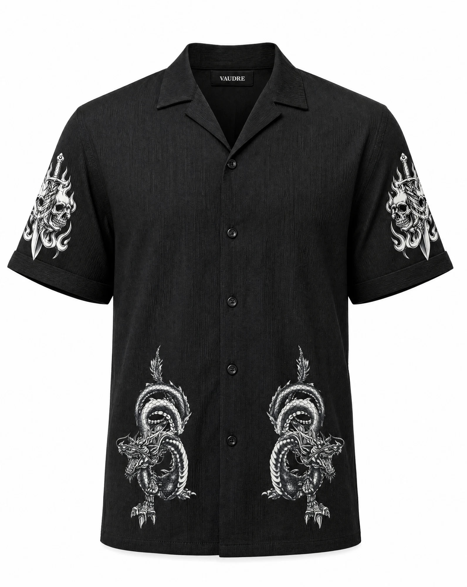 The Onyx Dragon & Dagger Camp Shirt — Jet Black with Grey Dragon & Skull Print — the printed t-shirts & shirts — VAUDRE numbered luxury