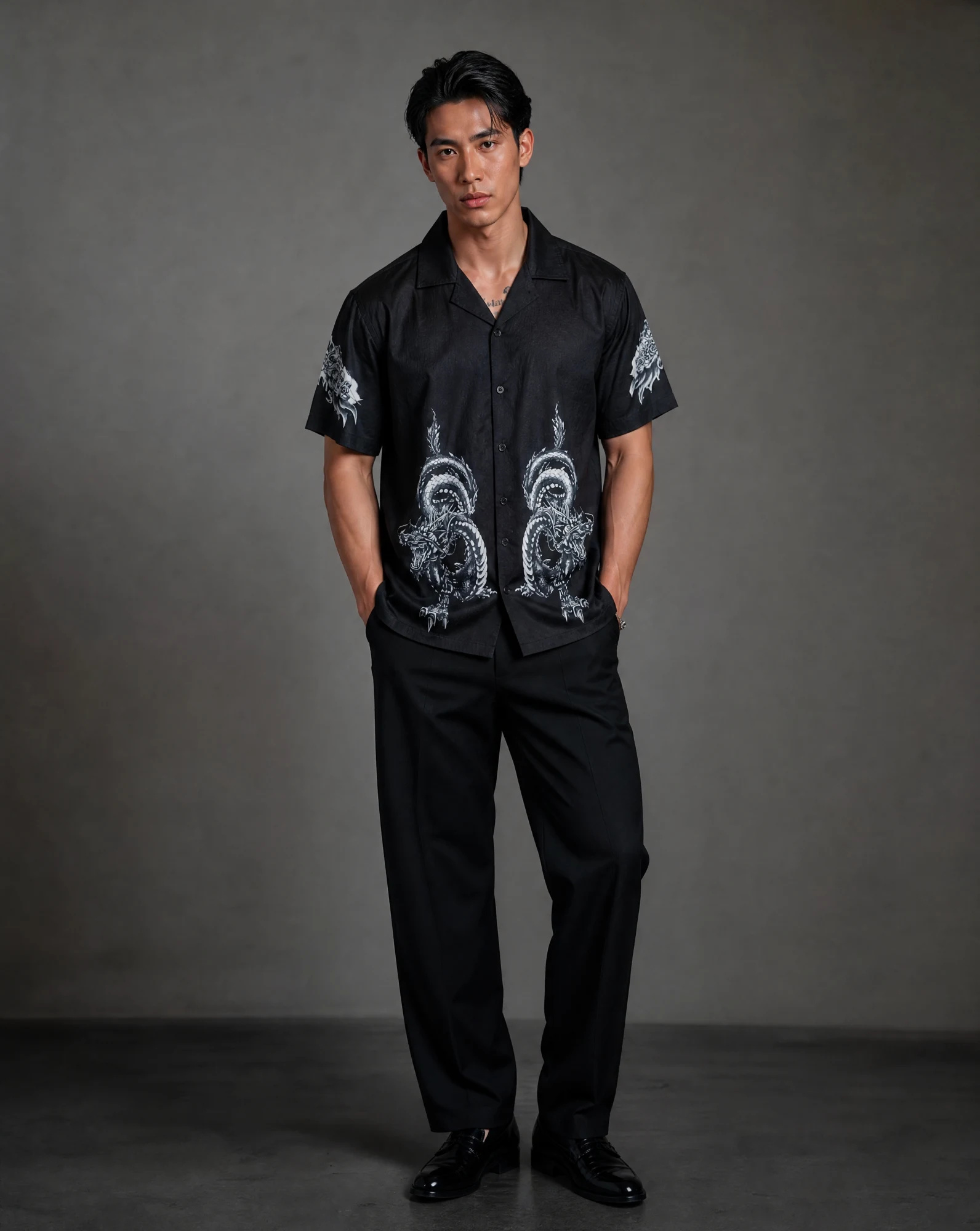 The Onyx Dragon & Dagger Camp Shirt — Jet Black with Grey Dragon & Skull Print — the printed t-shirts & shirts — VAUDRE numbered luxury — view 2